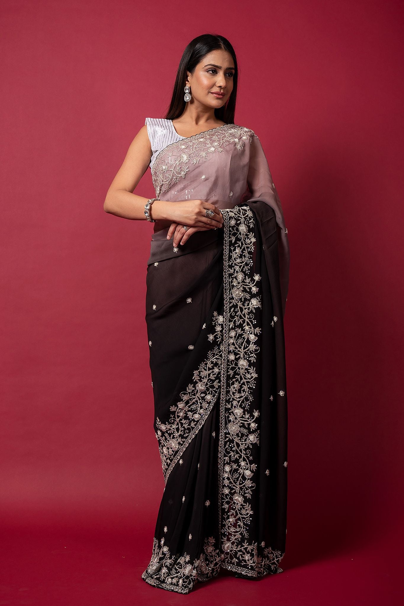 black grey organza  pearl sequins kardana handwork saree