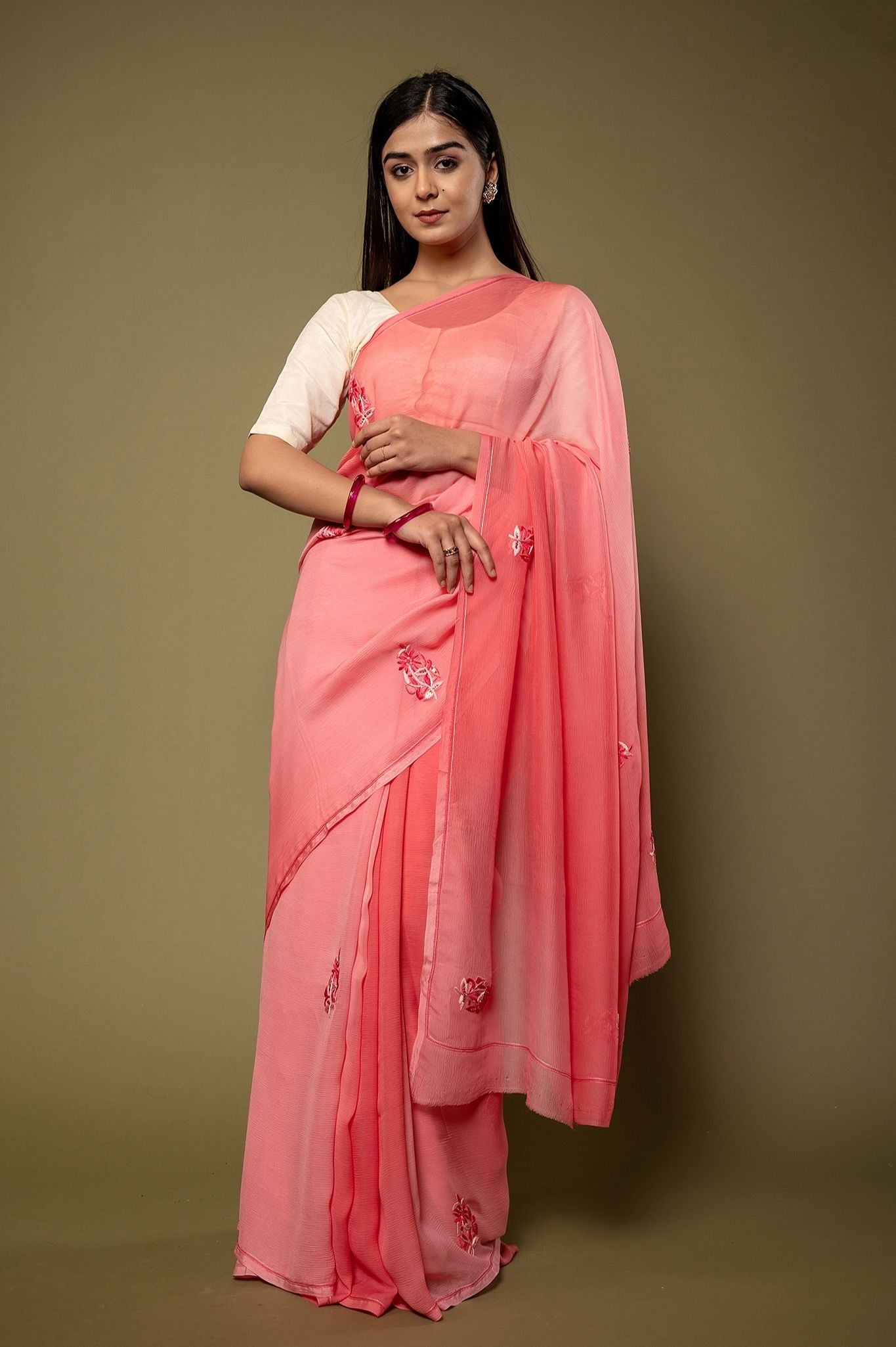 Peach Pink Pure Chiffon Resham Motif handwork saree