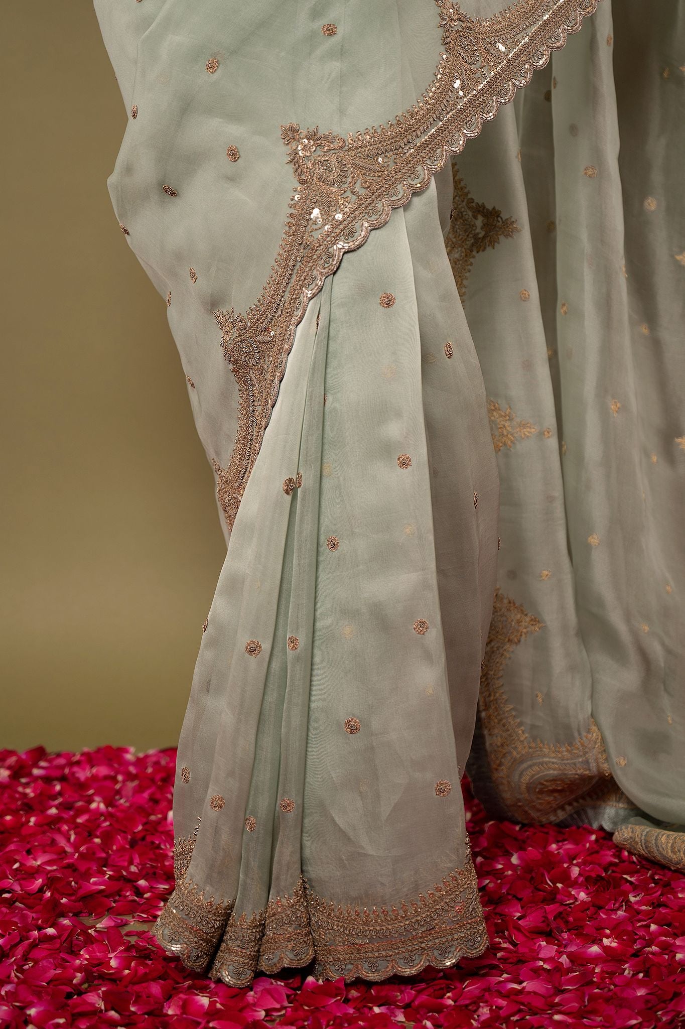 Greyish Green pure organza Dapka Marodi Border Butti  handwork saree