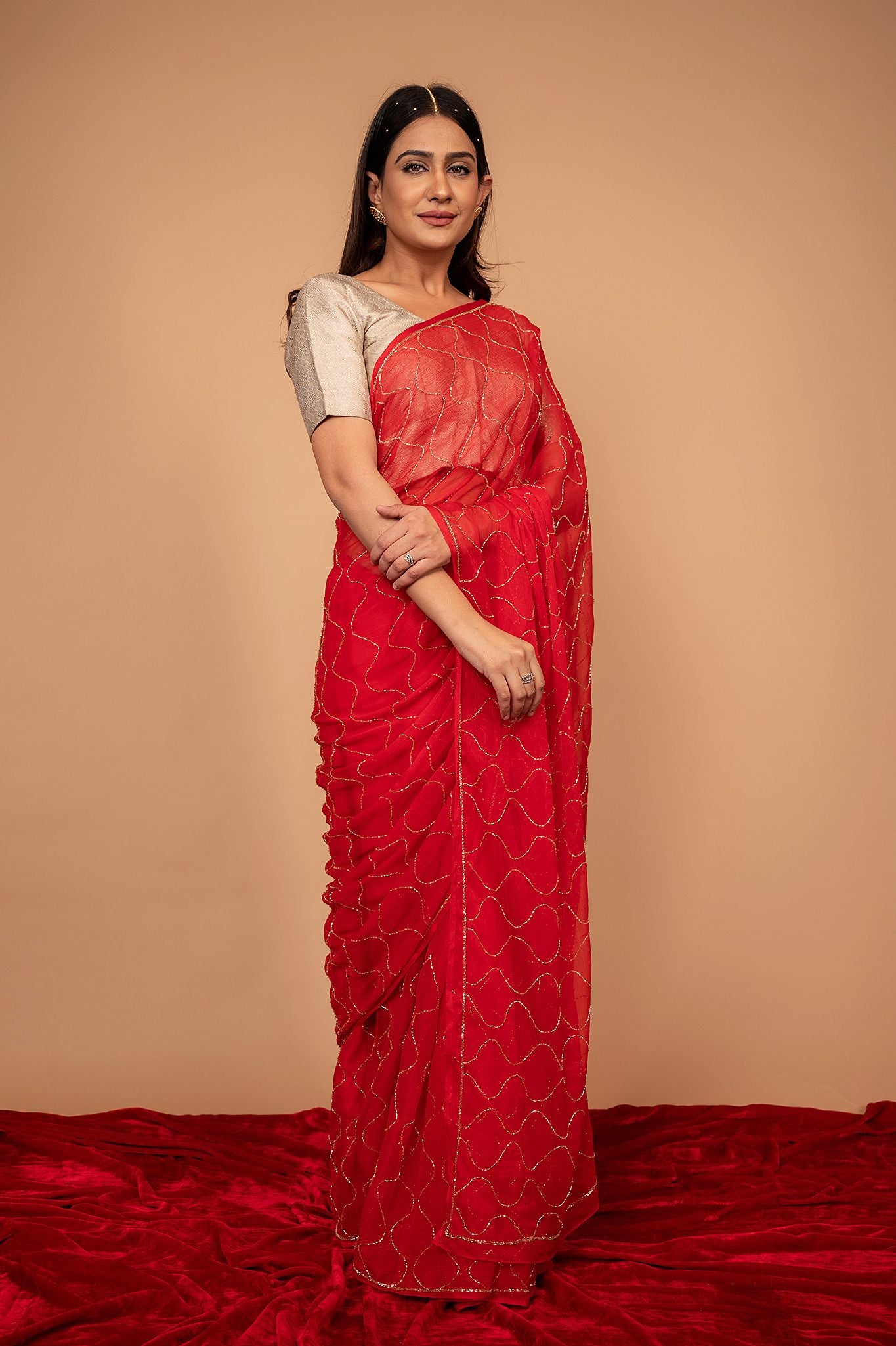 red Viscose Chiffon Kardana jaal  Handwork  Saree