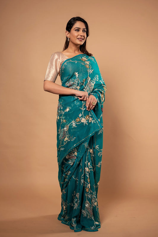 Pure Chiffon Aari Heavy Work Saree