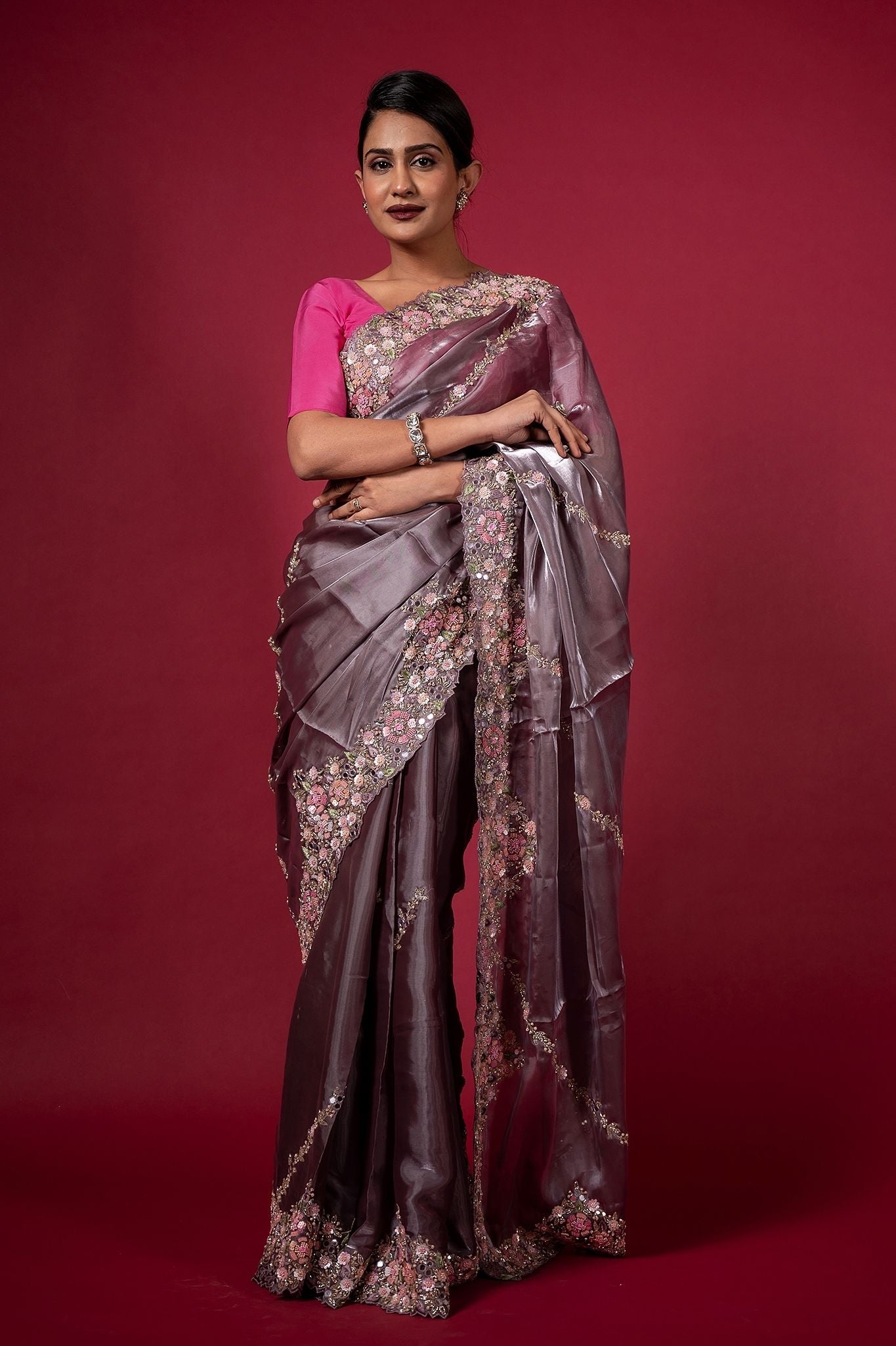 Purple Tissue organza pearl  sequins kardana resham handwork saree