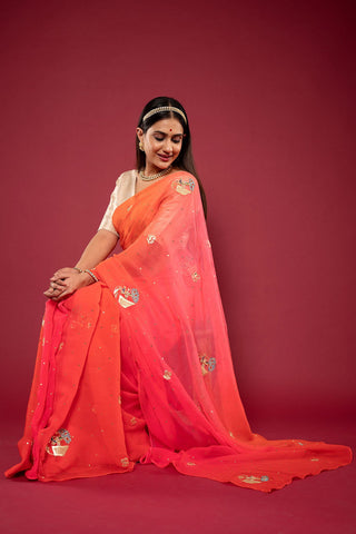 Orange Shaded Real Silver work Saree