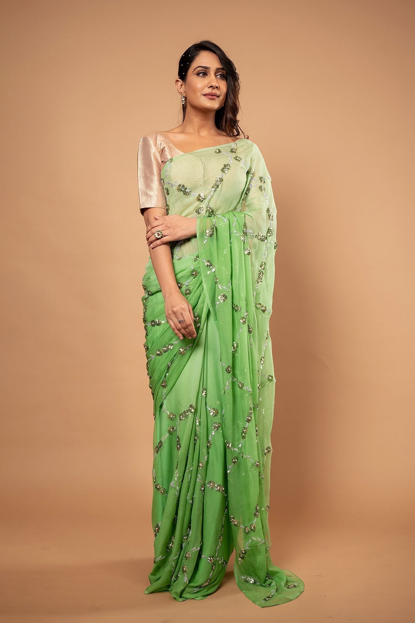 parrot green light dark pure chiffon sequins  jaal handwork saree