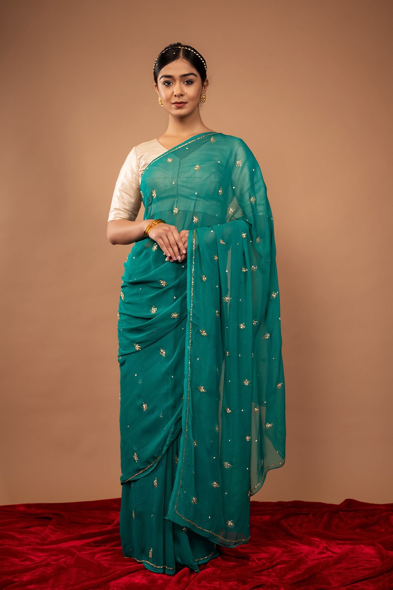 Rama green viscose chiffon kardana motif handwork casual wear saree