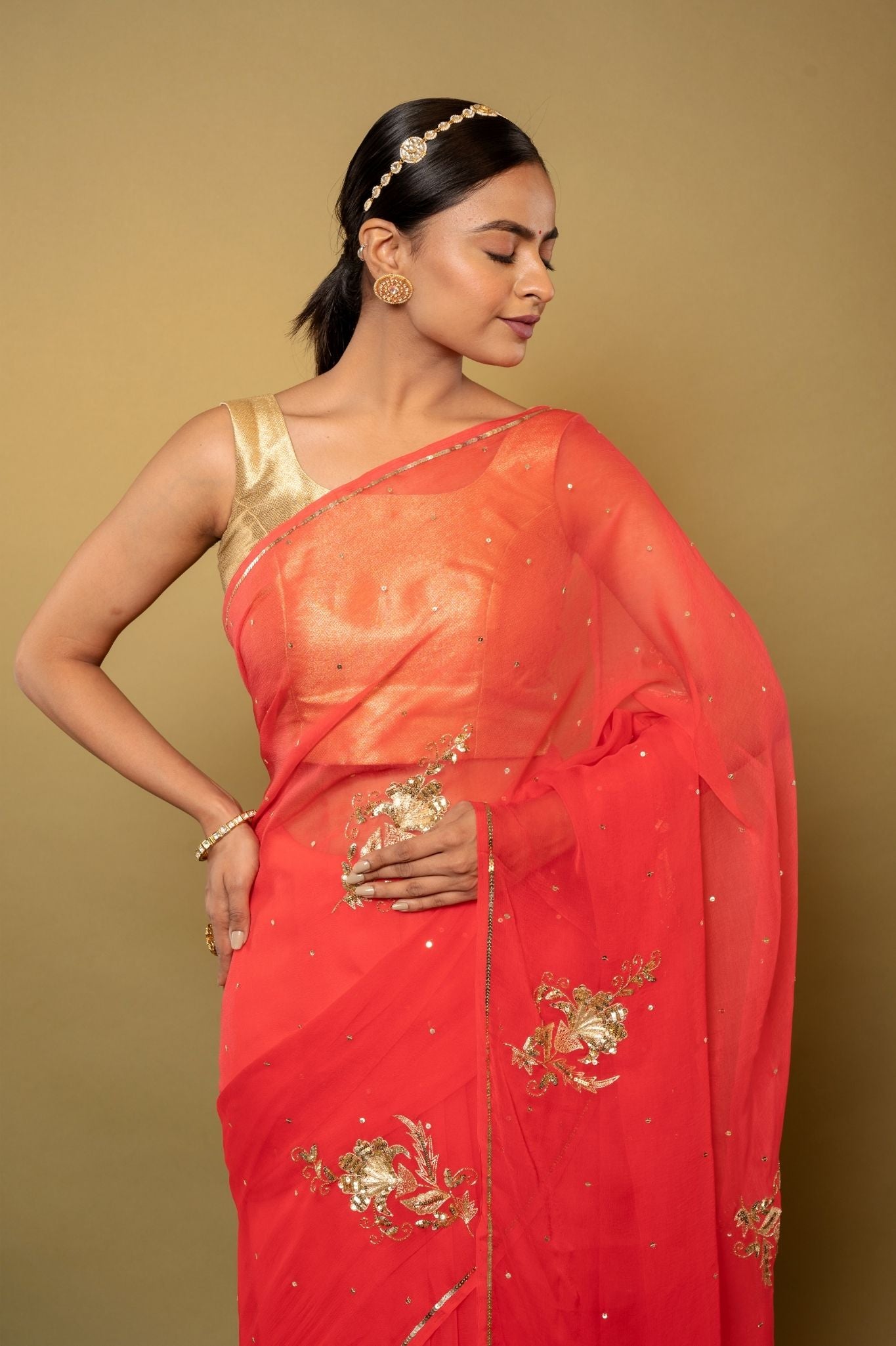 Warm Red Viscose Chiffon aari sequins  motif handwork casual wear saree