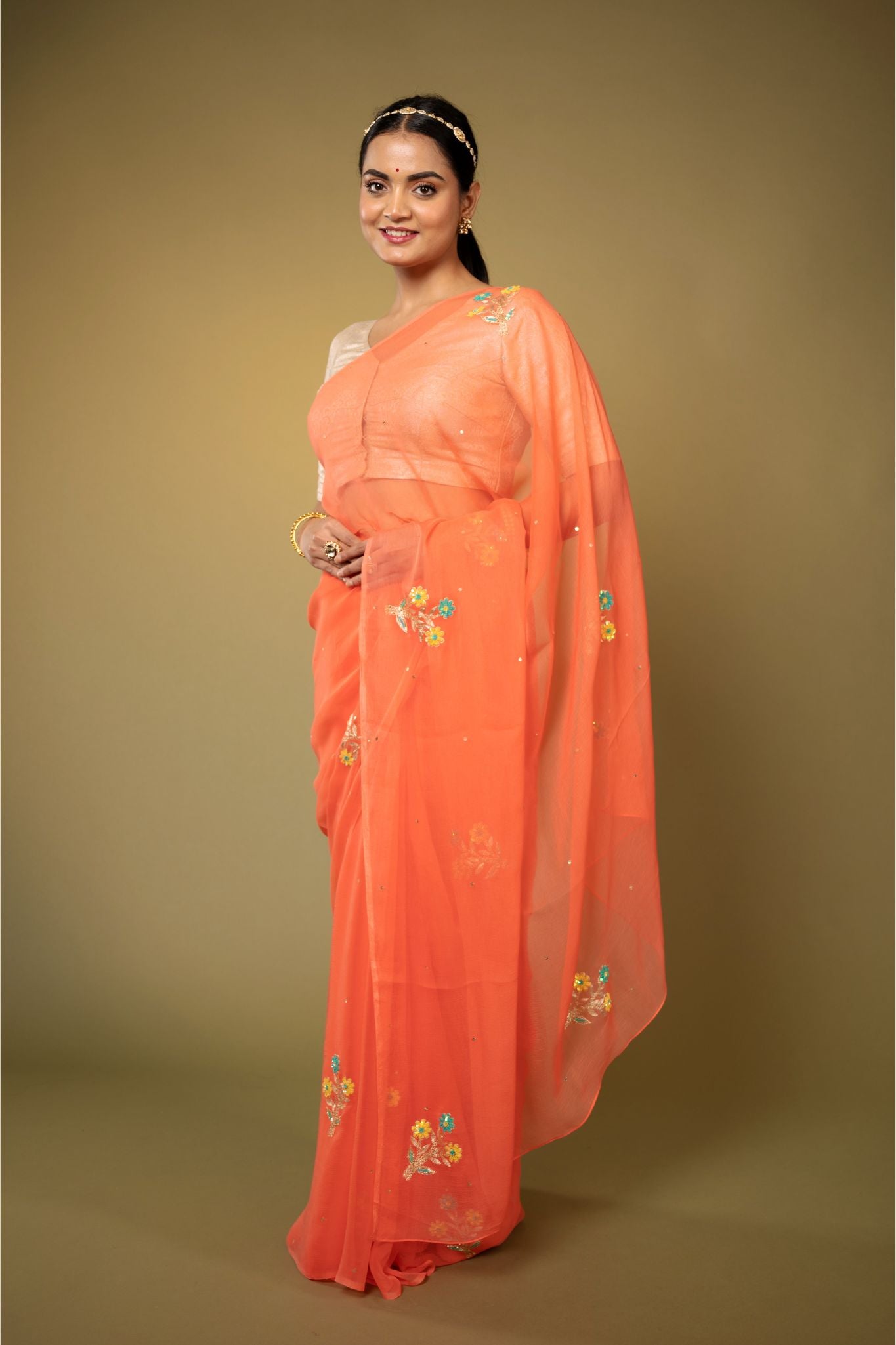 Peach viscose chiffon aari sequins  handwork casual wear saree