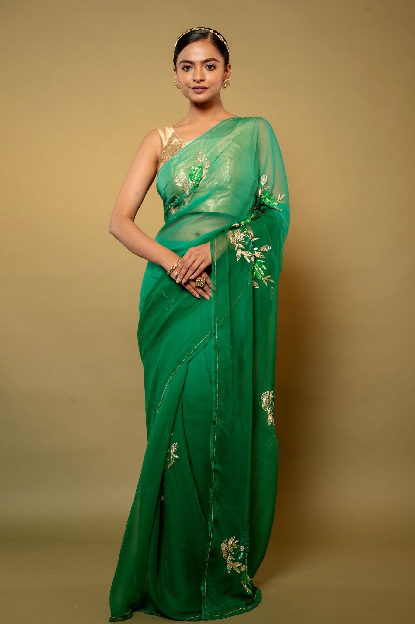 Green light dark Viscose Chiffon aari sequins  motif handwork casual wear saree