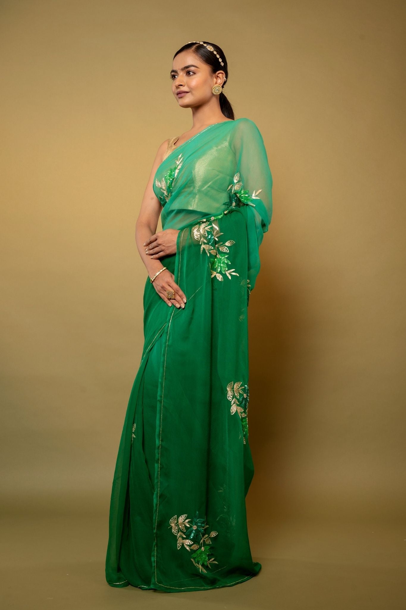Green light dark Viscose Chiffon aari sequins  motif handwork casual wear saree