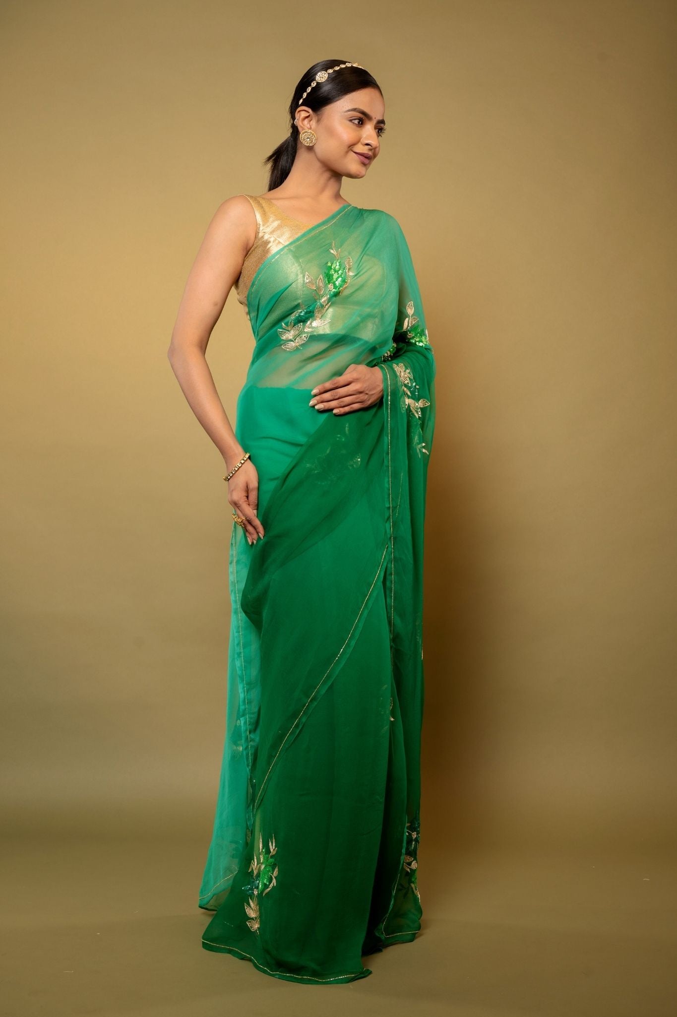 Green light dark Viscose Chiffon aari sequins  motif handwork casual wear saree
