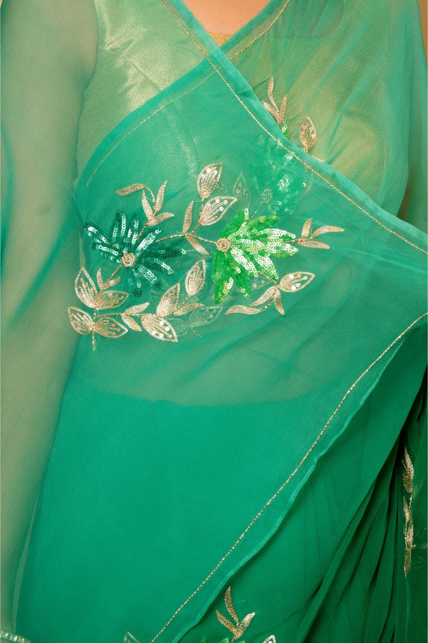 Green light dark Viscose Chiffon aari sequins  motif handwork casual wear saree