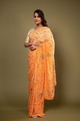 Peach Pure Chiffon Siquin Jaal Work Saree