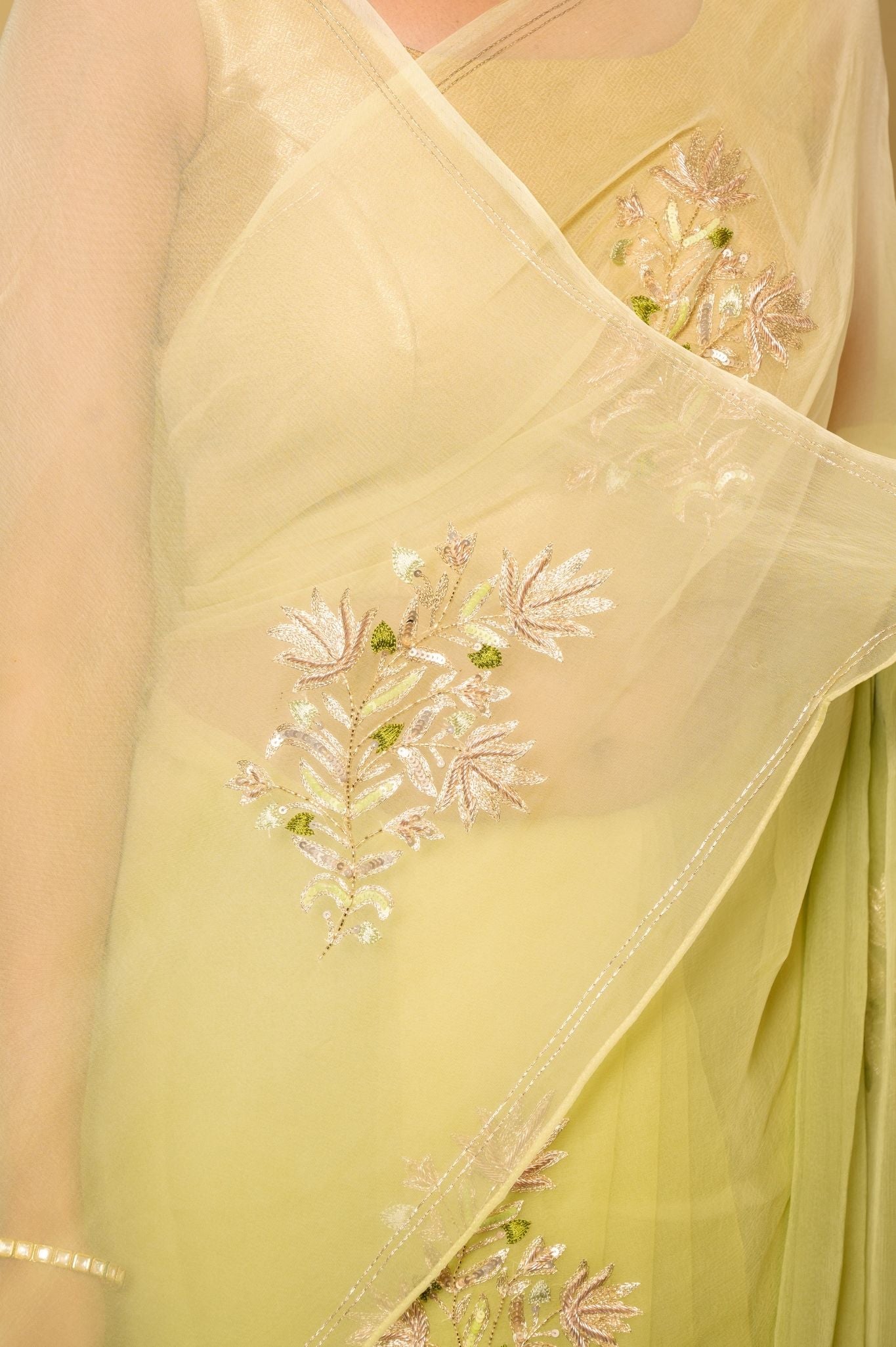 Pista green light dark Viscose Chiffon aari sequins  motif handwork casual wear saree