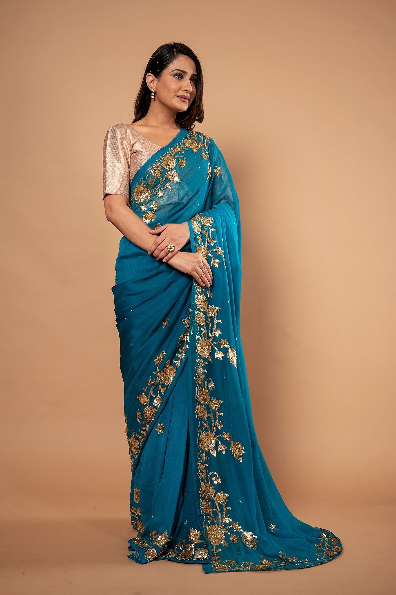 Rama Blue  Pure Chiffon sequins  border butti work Handwork saree