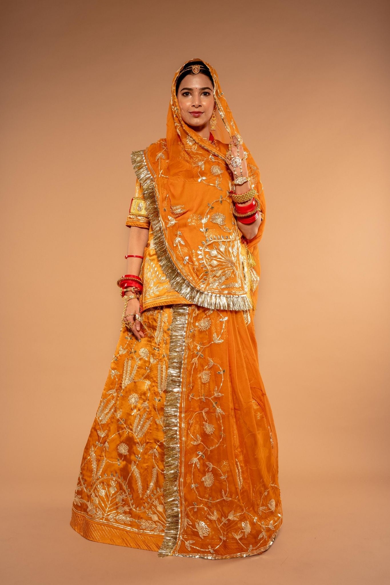 musterd   bamber satin sikhiya gota jaal handwork poshak with pure odhna