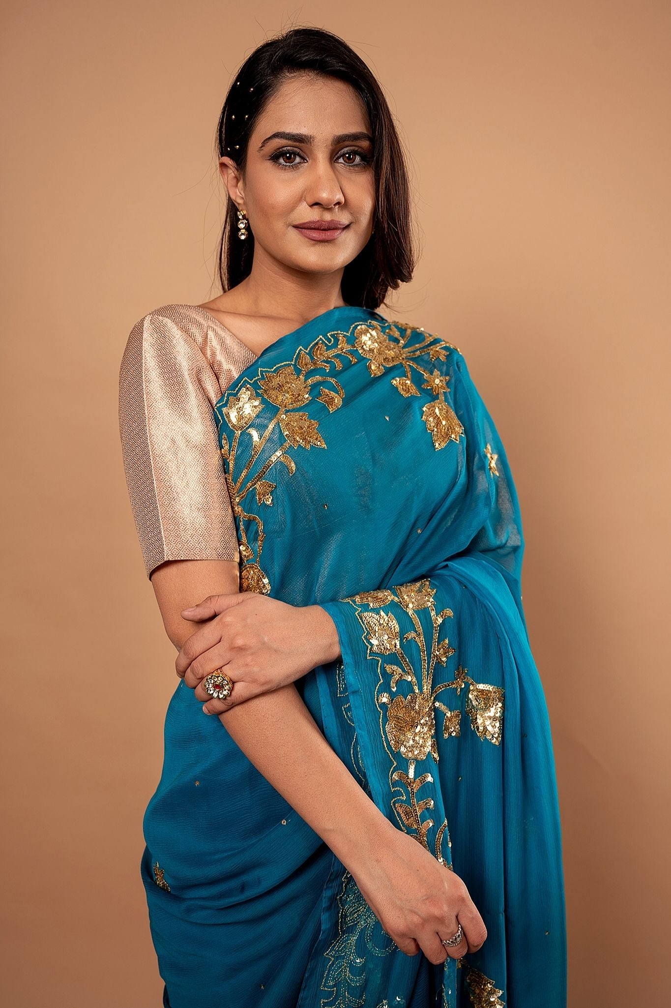 Rama Blue  Pure Chiffon sequins  border butti work Handwork saree