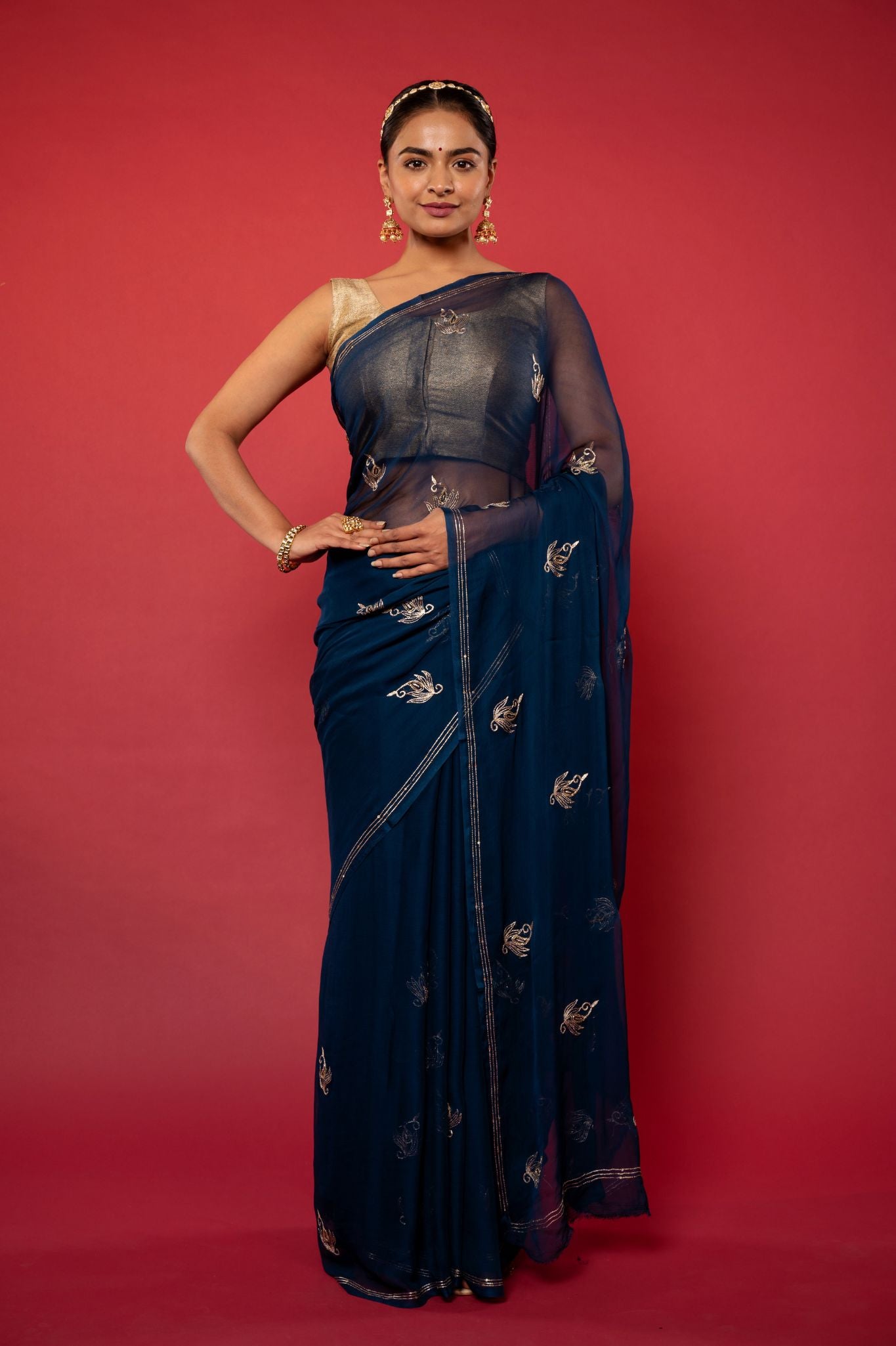 Dark blue viscose chiffon aari sequins   handwork casual wear saree