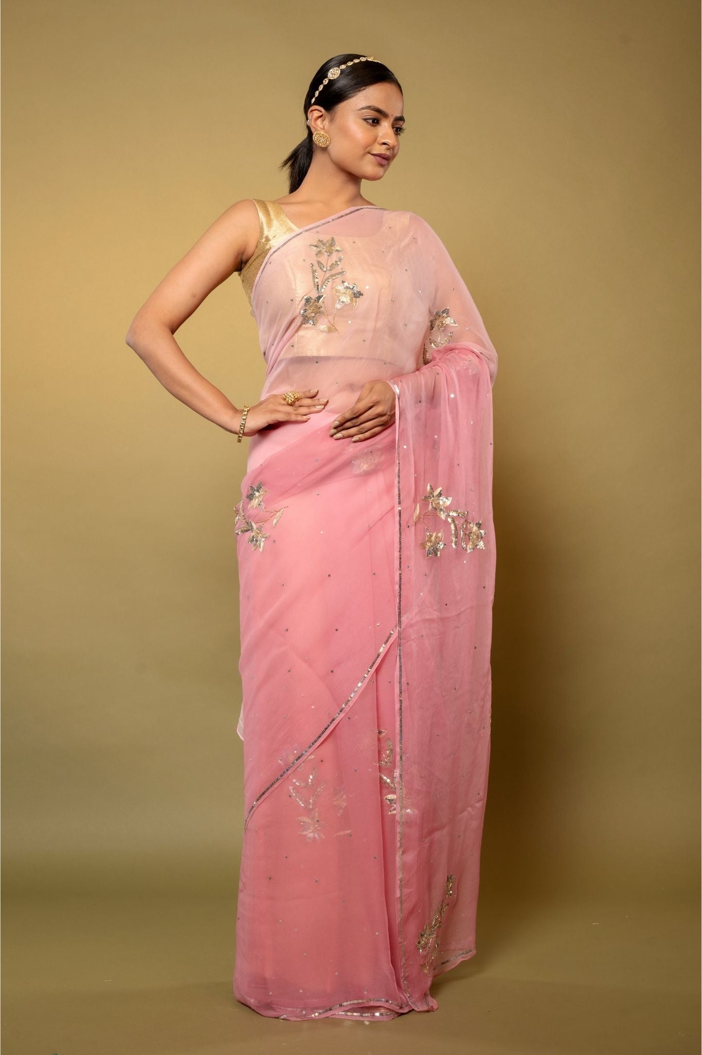 mate pink Viscose Chiffon Aari sequins  Motif handwork casual wear saree