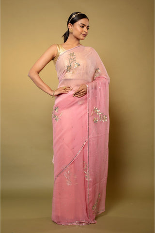 Pink Viscose Chiffon Aari sequins work Saree