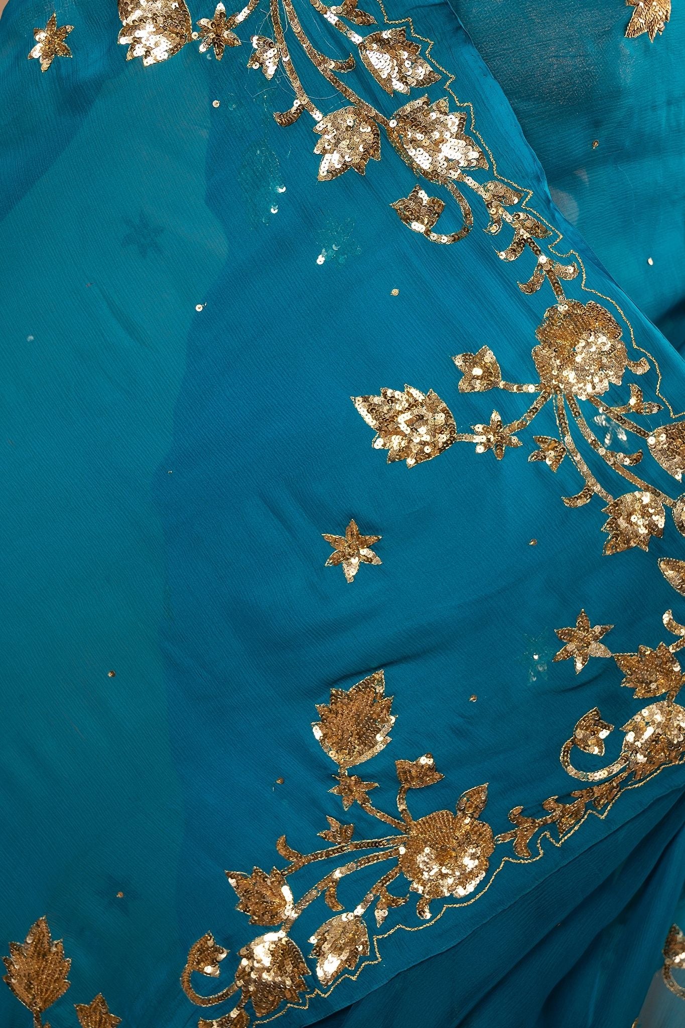 Rama Blue  Pure Chiffon sequins  border butti work Handwork saree