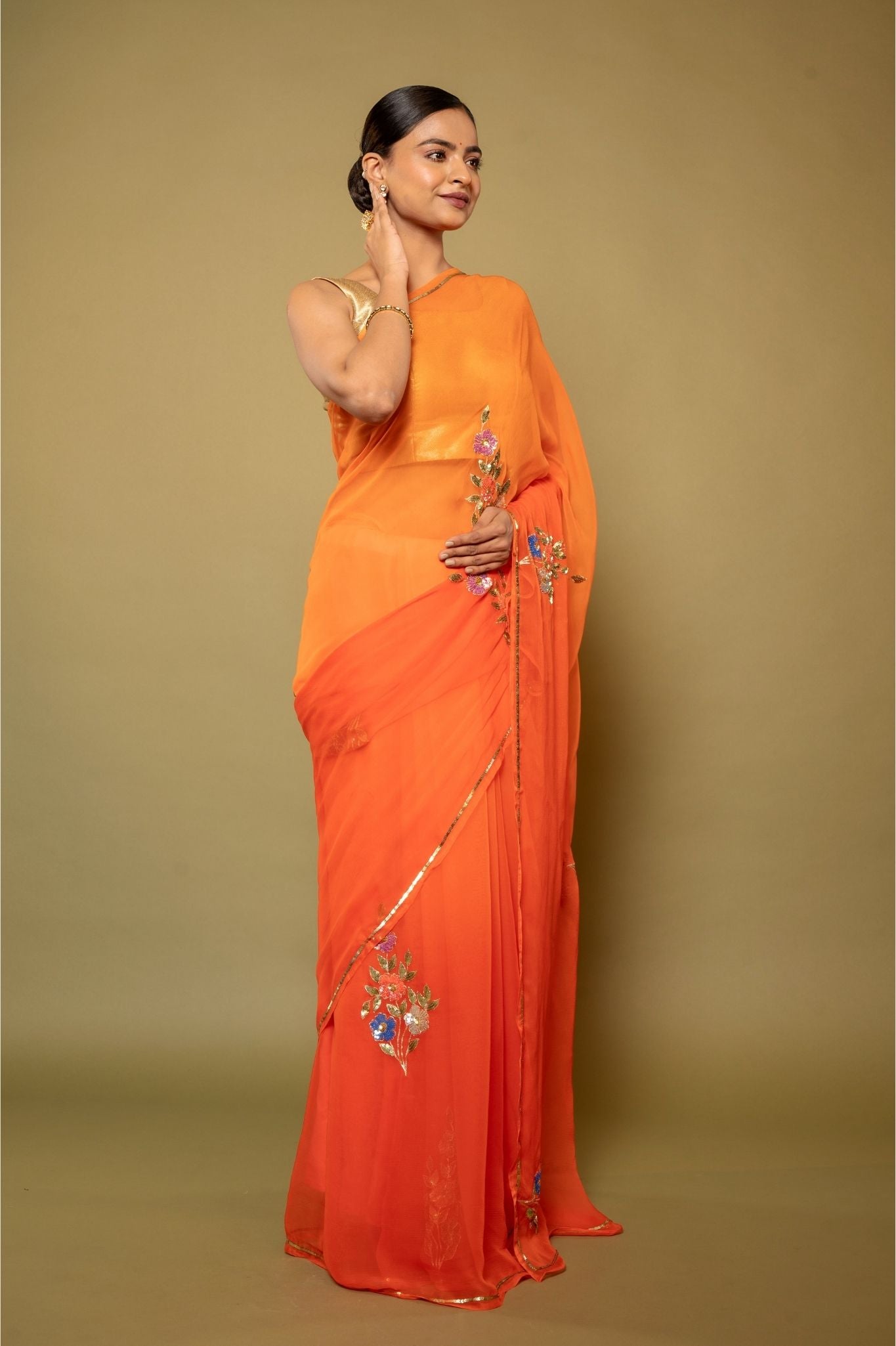 Orange light dark Viscose Chiffon sequins  motif  handwork casual wear Saree