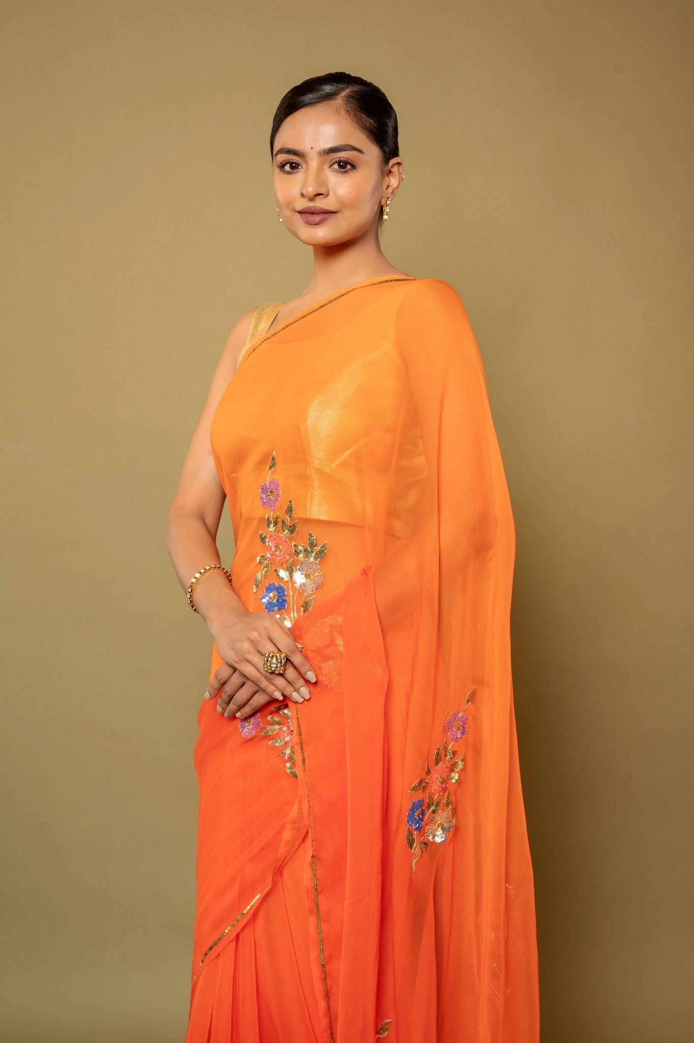 Orange light dark Viscose Chiffon sequins  motif  handwork casual wear Saree