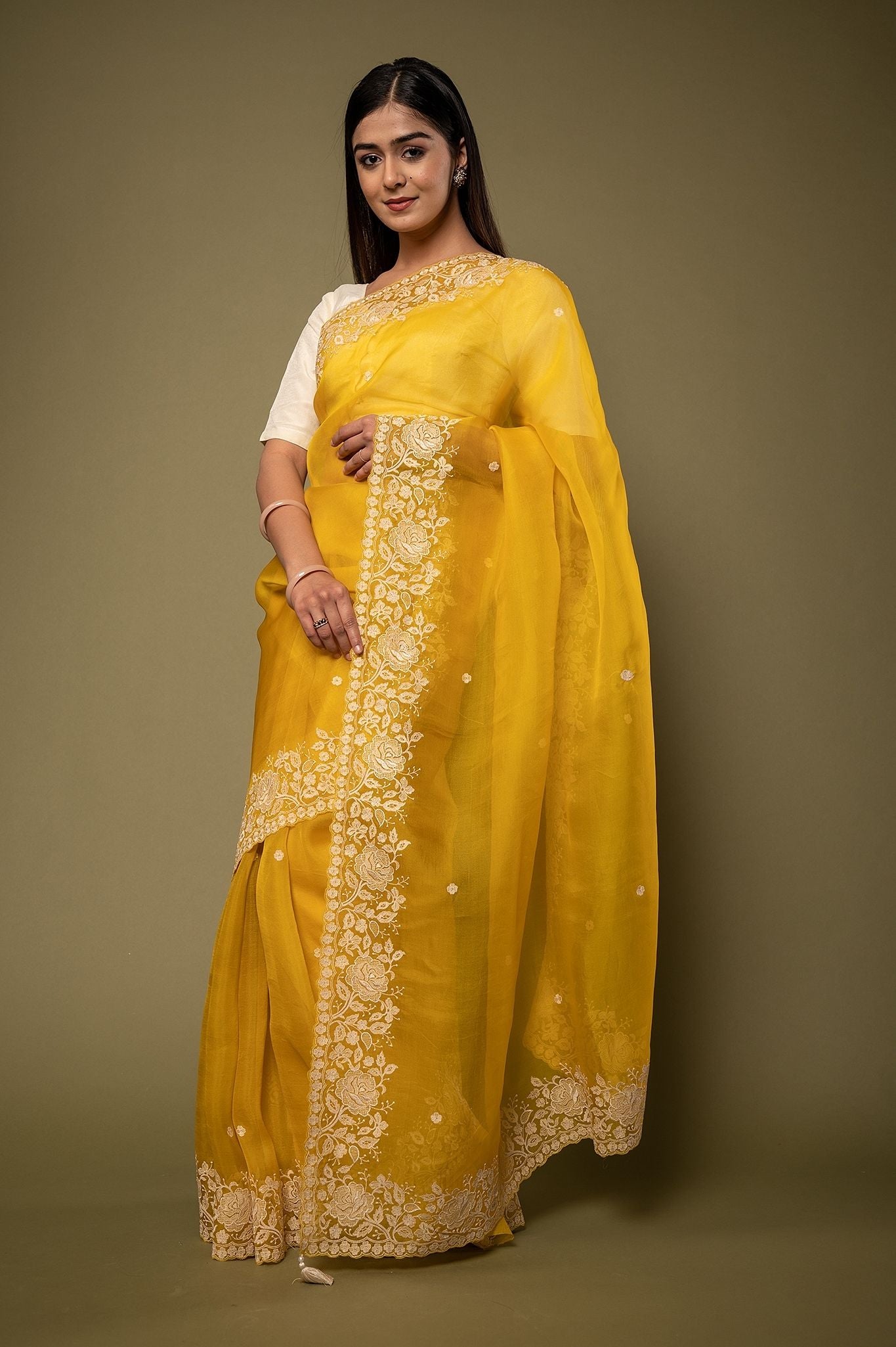 Yellow Organza  resham border butti handwork saree