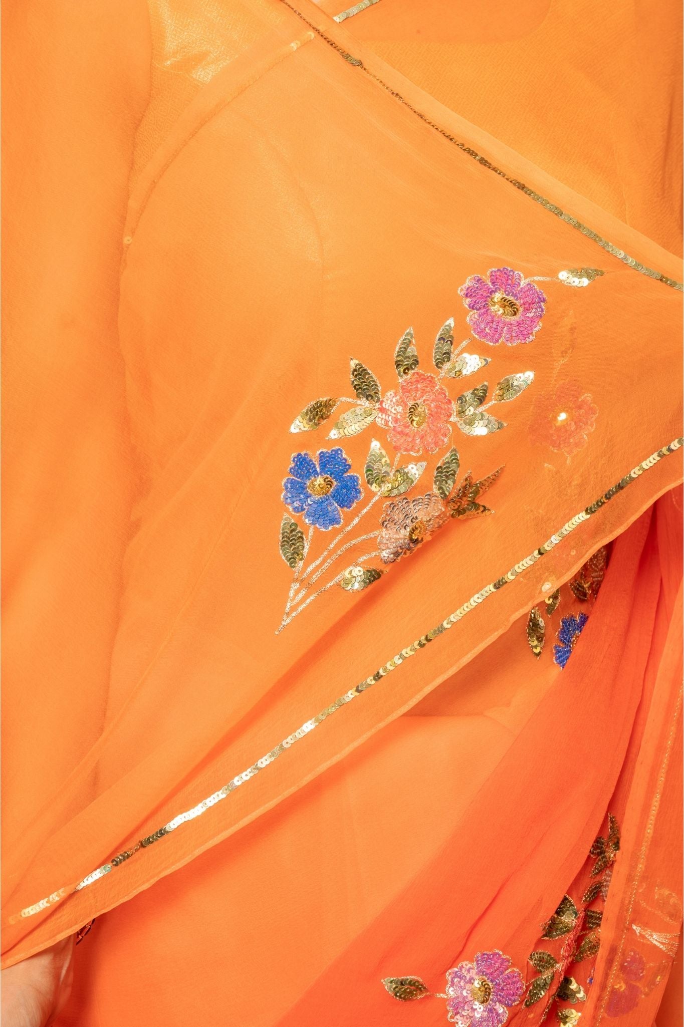 Orange light dark Viscose Chiffon sequins  motif  handwork casual wear Saree