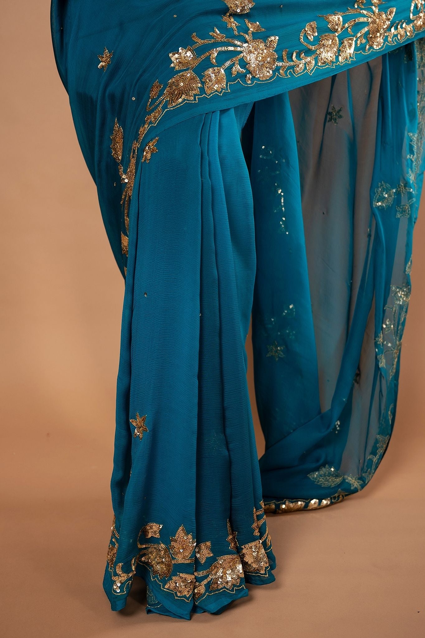 Rama Blue  Pure Chiffon sequins  border butti work Handwork saree
