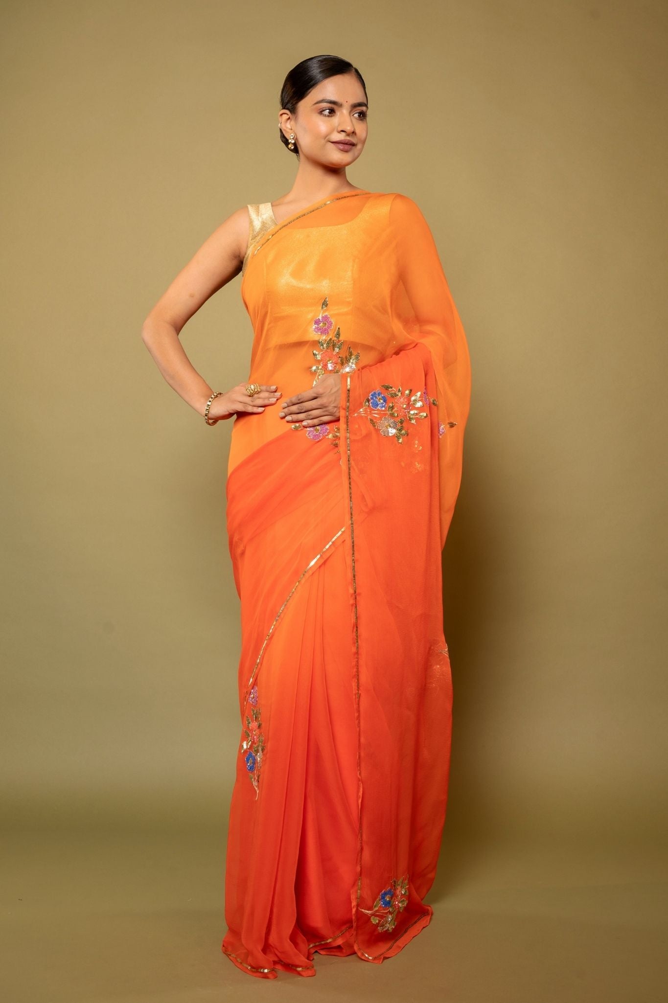 Orange light dark Viscose Chiffon sequins  motif  handwork casual wear Saree