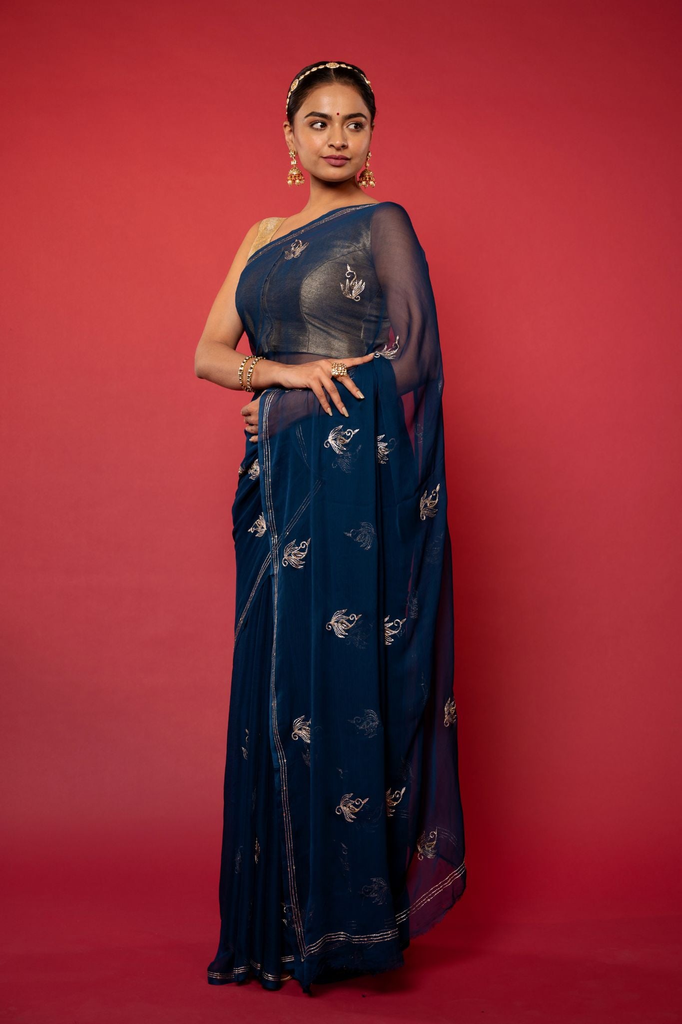 Dark blue viscose chiffon aari sequins   handwork casual wear saree