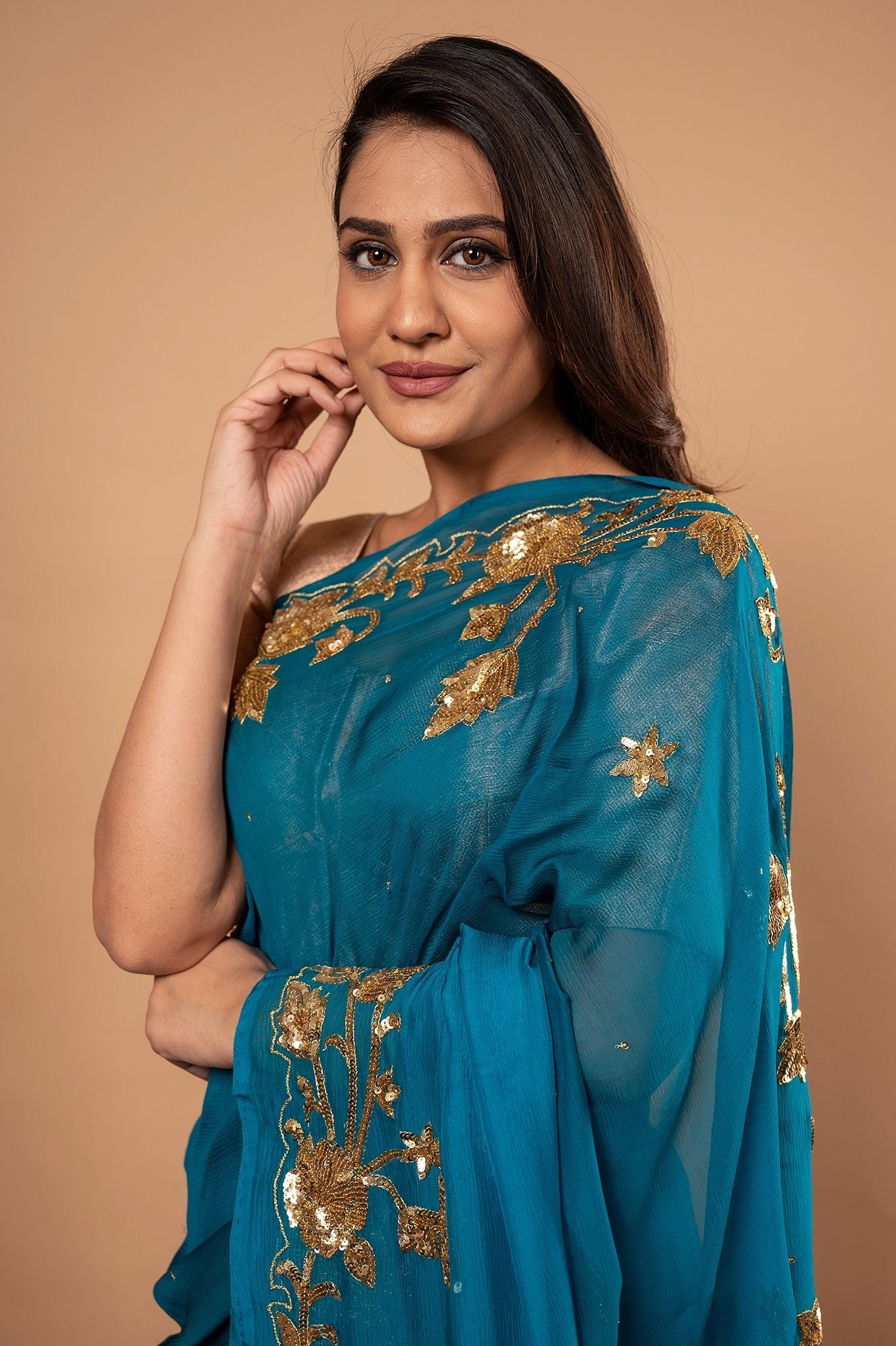 Rama Blue  Pure Chiffon sequins  border butti work Handwork saree