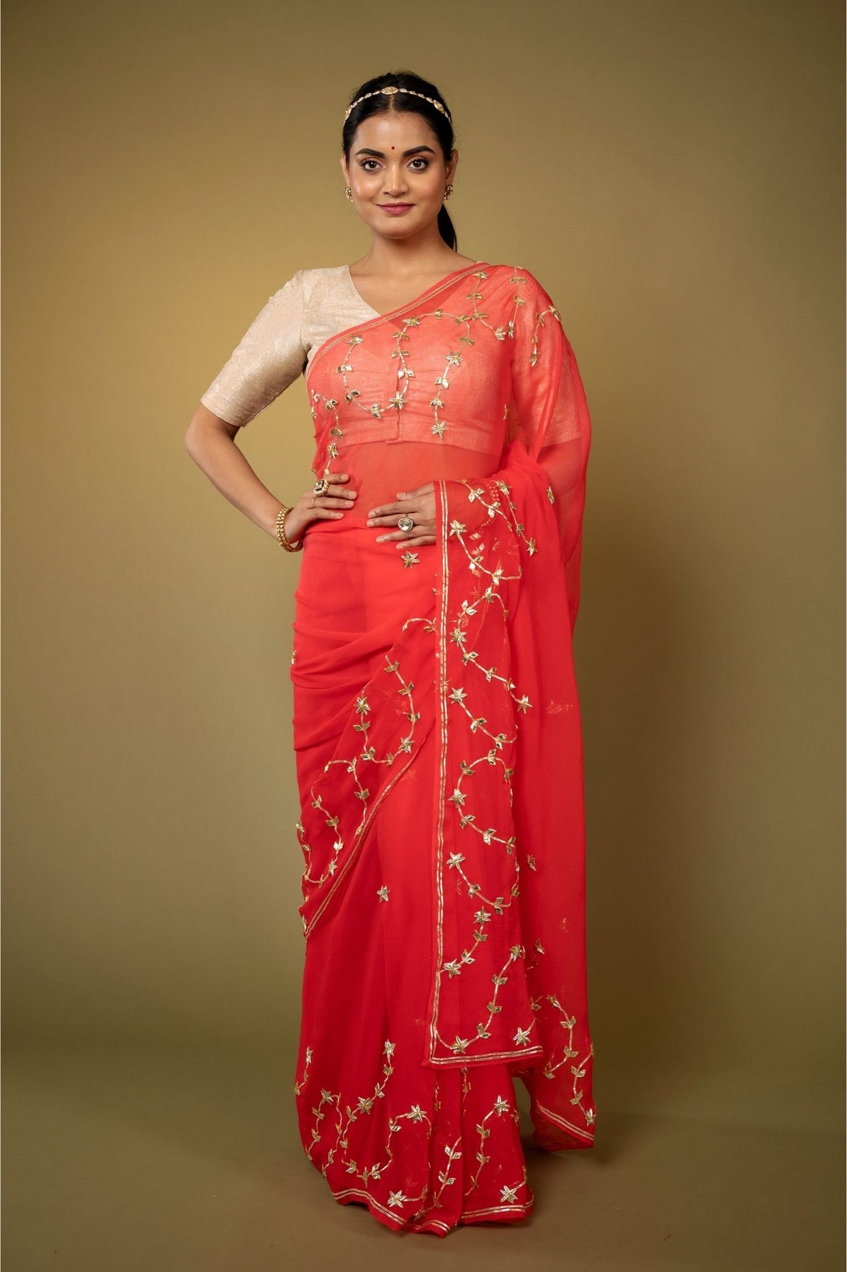 Red Gotapatti Chiffon Saree