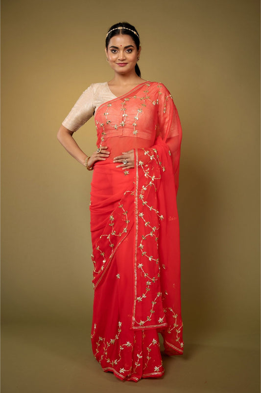 Red Gotapatti Chiffon Saree