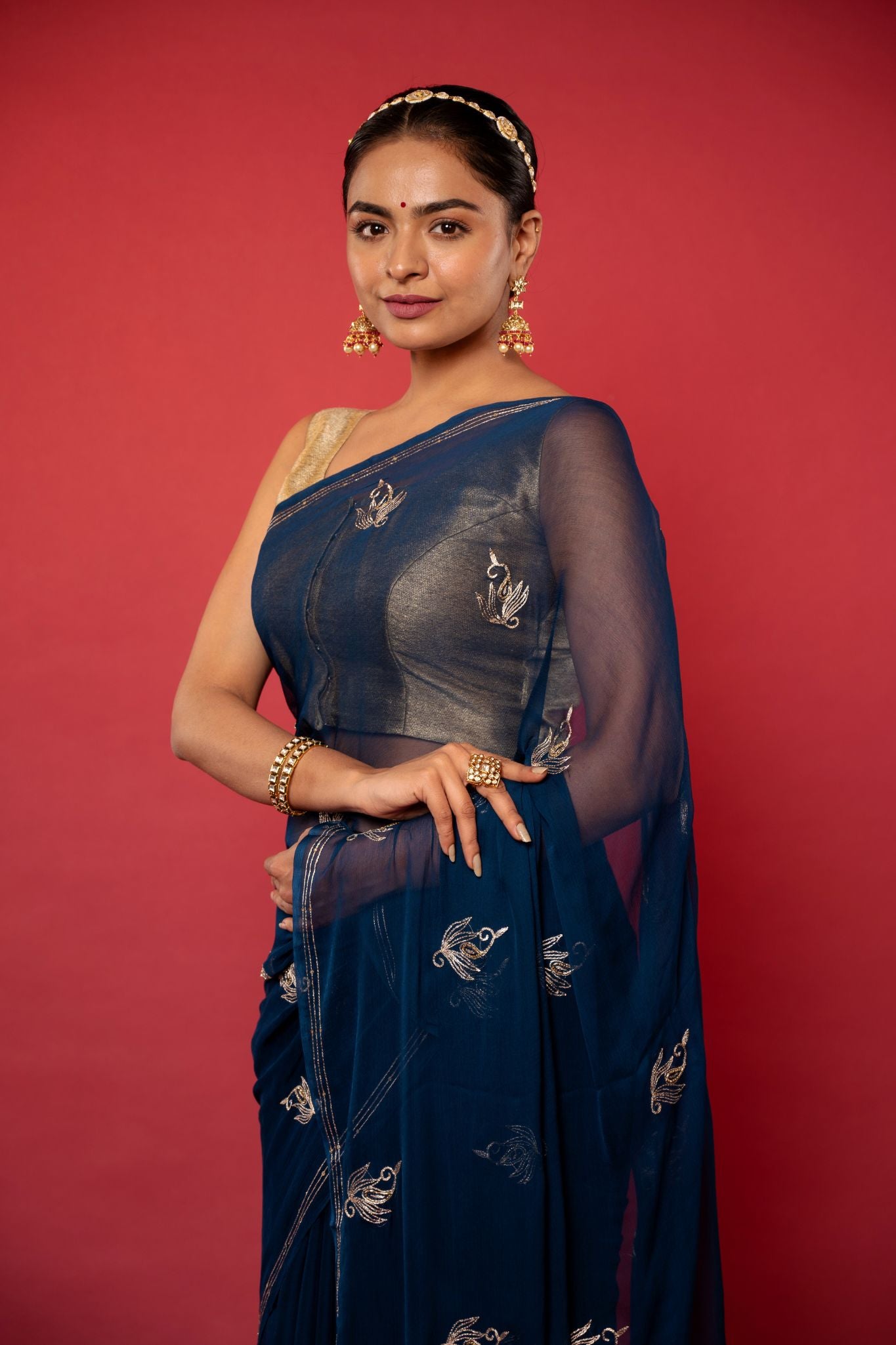 Dark blue viscose chiffon aari sequins   handwork casual wear saree