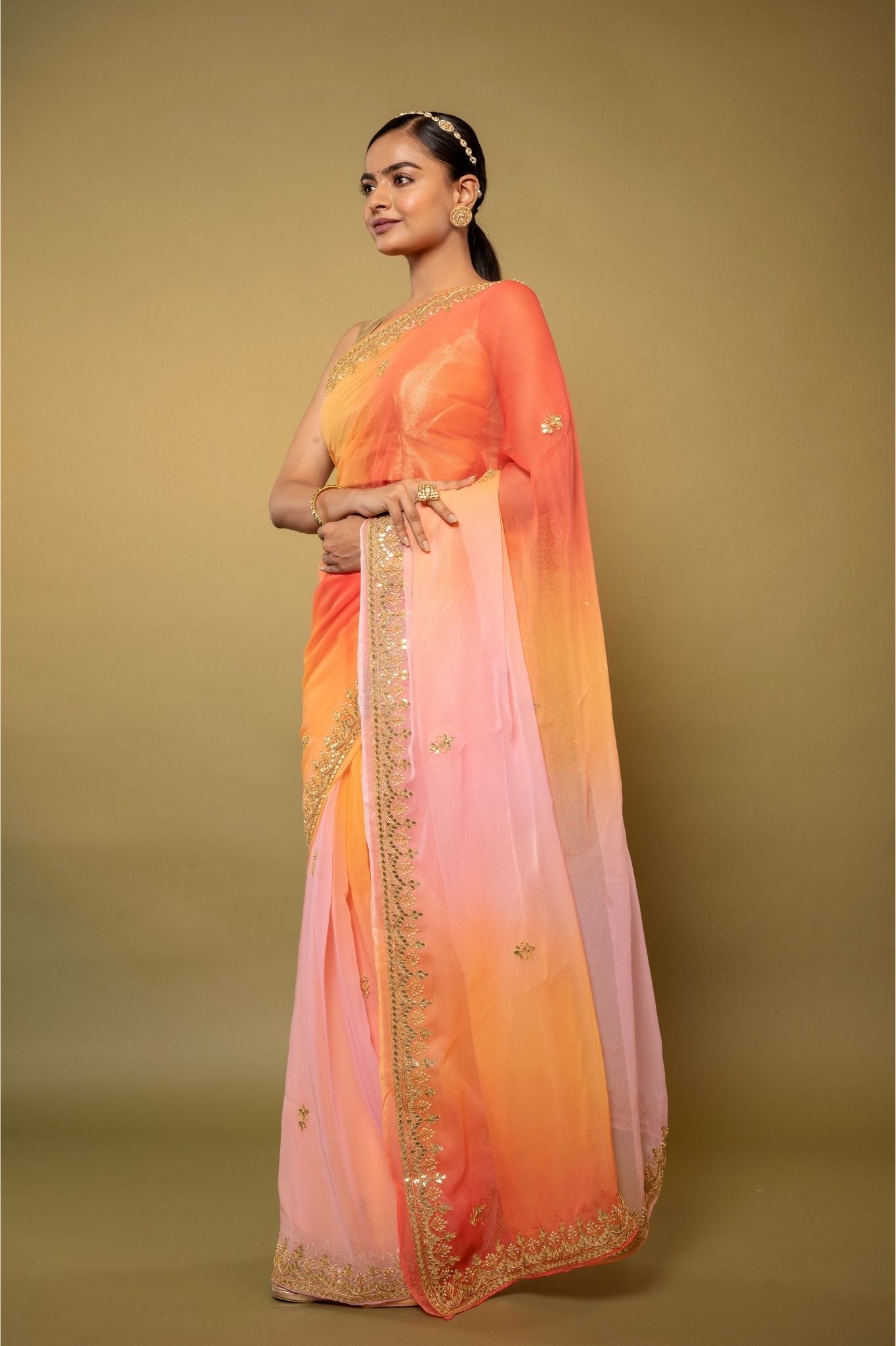 Multi colour Viscose Chiffon gota pati border butti handwork party wear saree