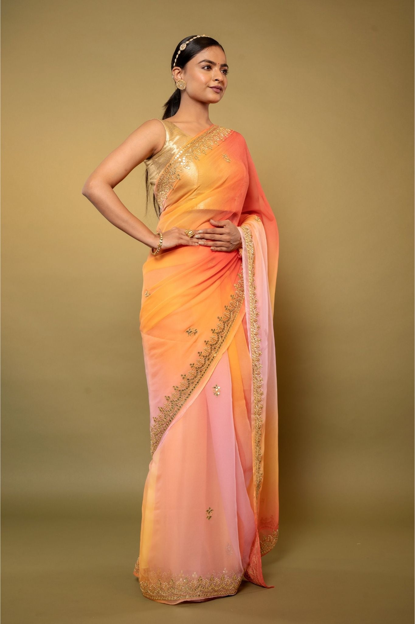 Multi colour Viscose Chiffon gota pati border butti handwork party wear saree