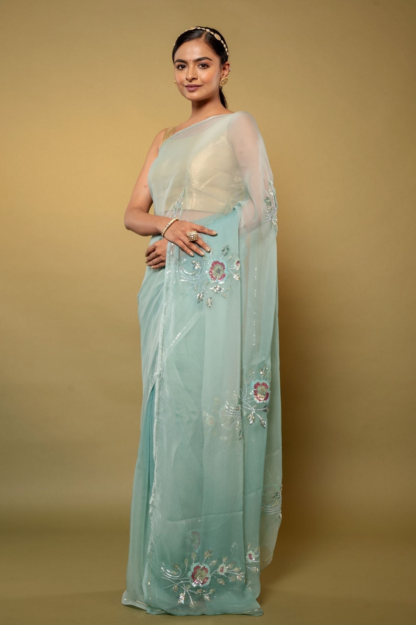 Greyish Green Viscose Chiffon sequins  motif  handwork party wear saree