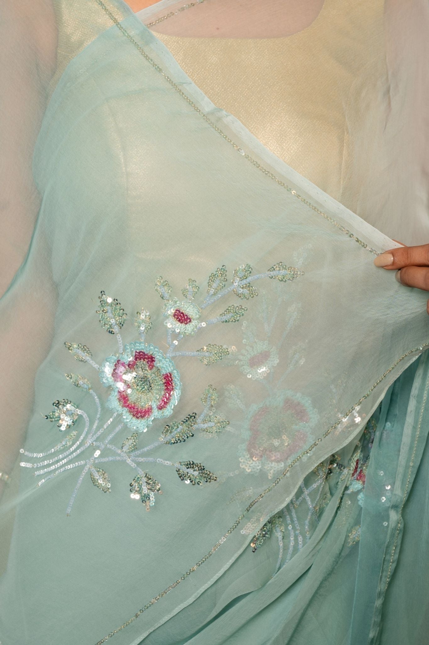 Greyish Green Viscose Chiffon sequins  motif  handwork party wear saree