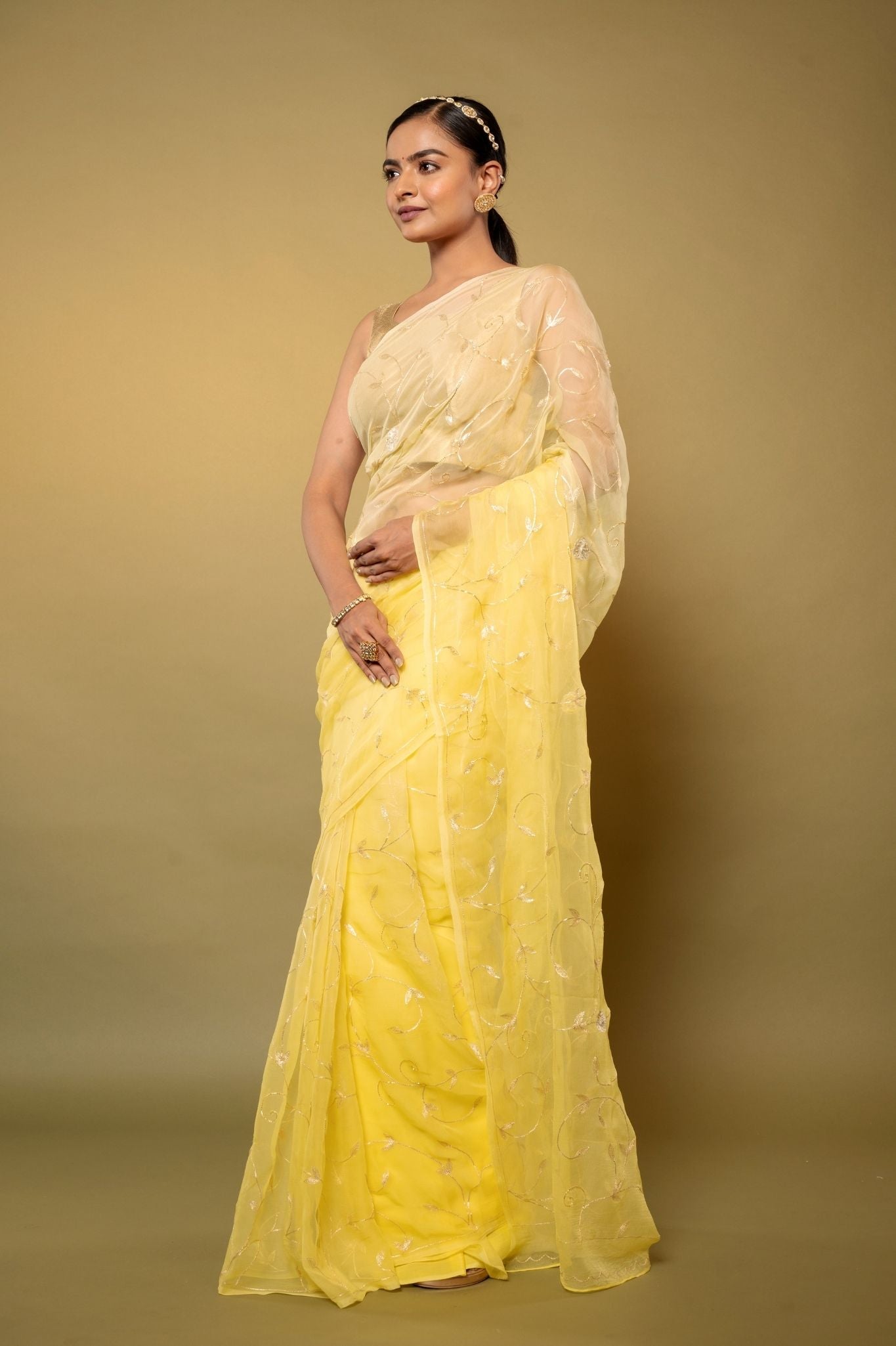 Lemon Viscose Chiffon aari sequins  jaal handwork party wear saree