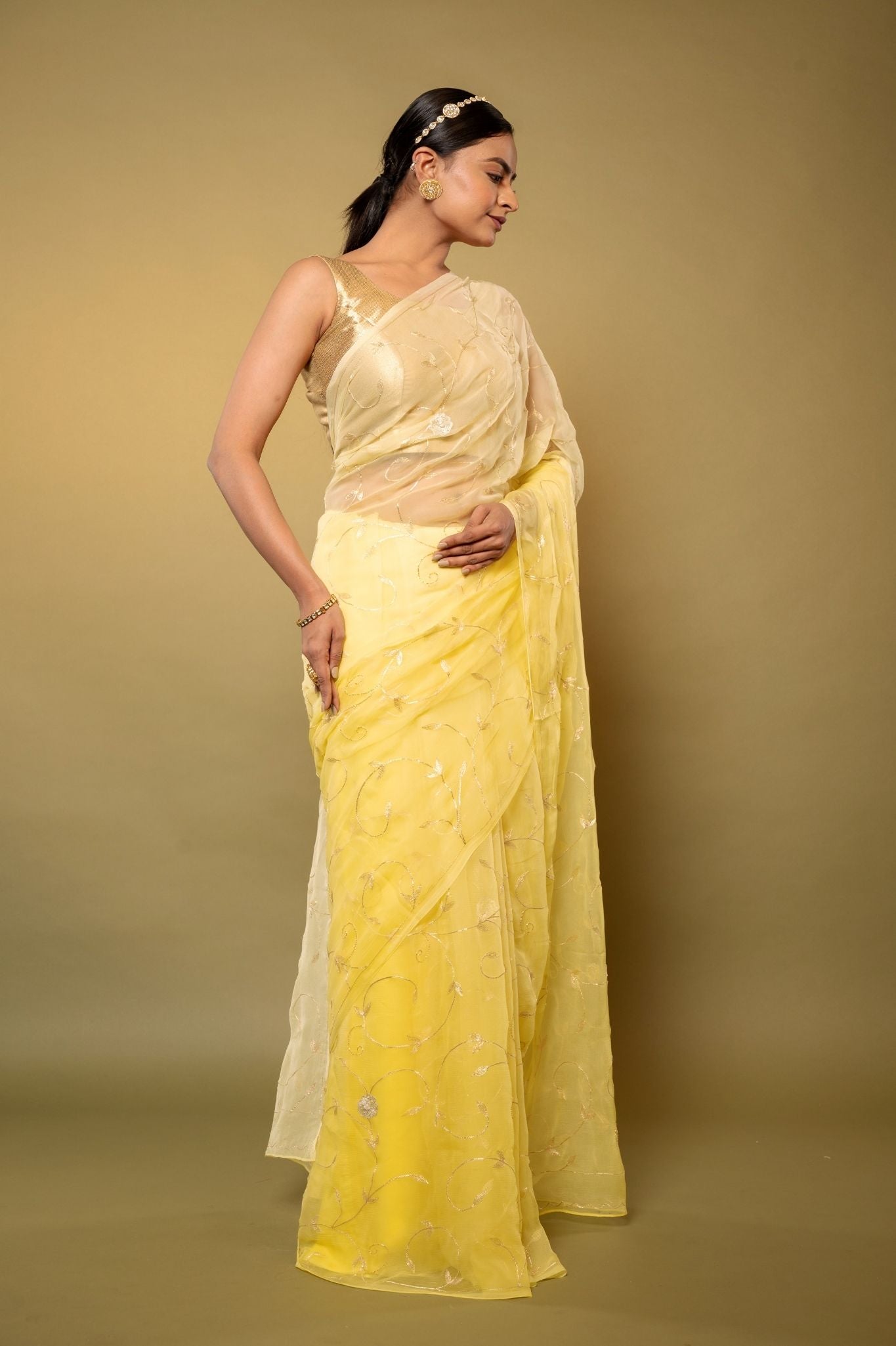 Lemon Viscose Chiffon aari sequins  jaal handwork party wear saree
