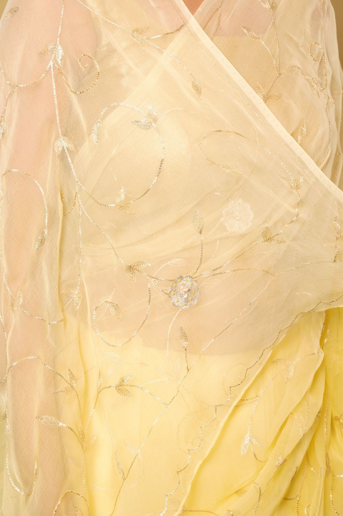 Lemon Viscose Chiffon aari sequins  jaal handwork party wear saree