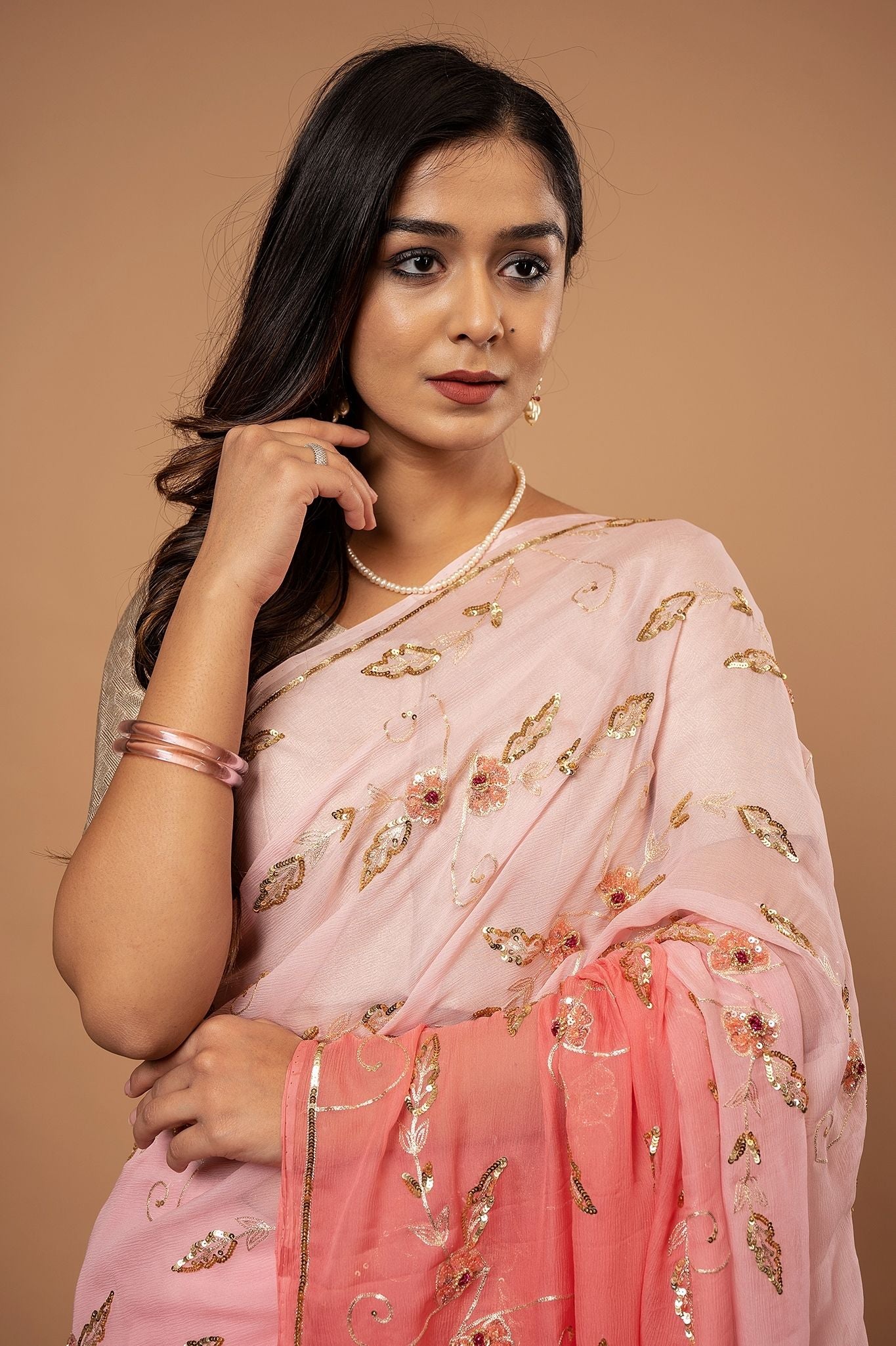 Peach light dark Pure Chiffon Aari sequins  jaal handwork saree
