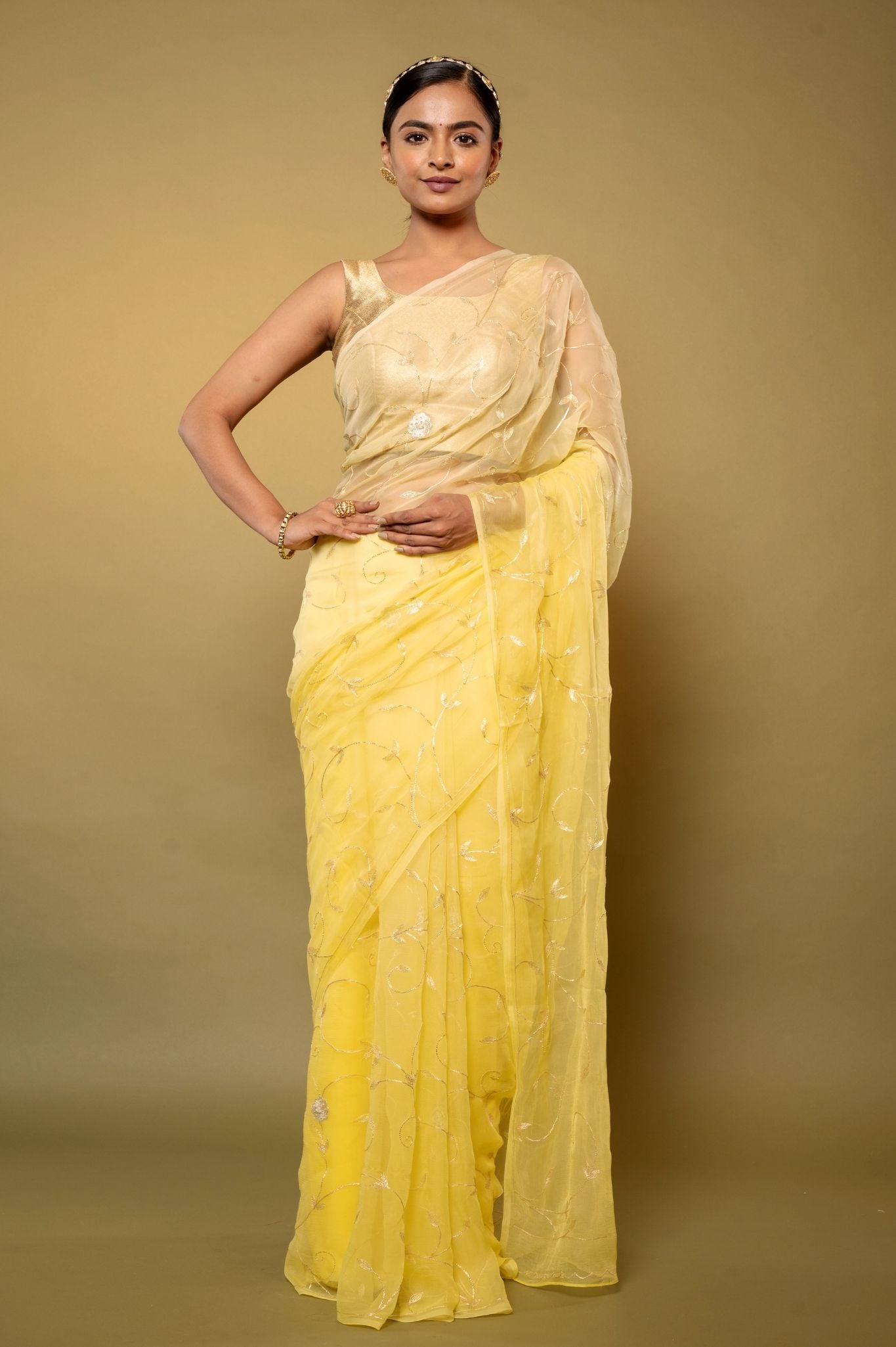 Lemon Viscose Chiffon aari sequins  jaal handwork party wear saree