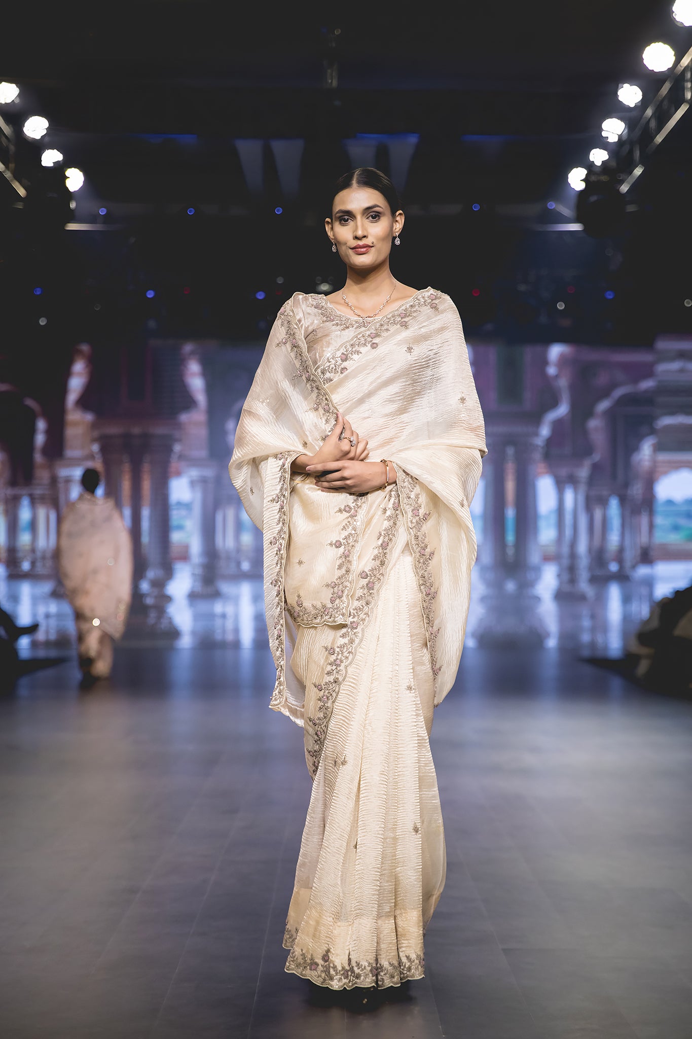 Beige Gold Pure Crush Tissue Zardozi Sequins French Knoot Border & Motif / Booty  Handwork Party Wear Saree with Blouse