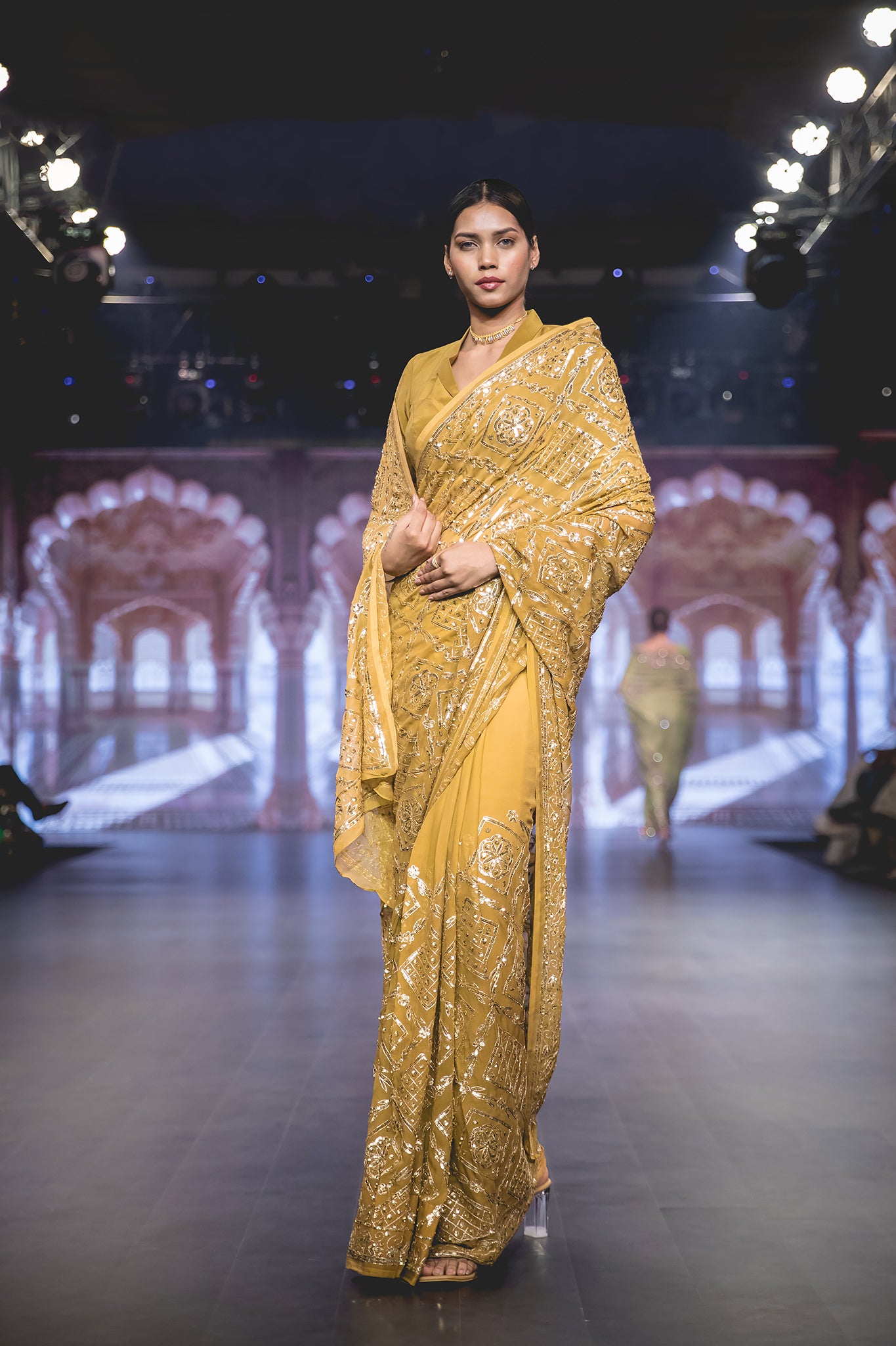 Dusty Brown Pure Chiffon Aari Sequins Border Jaal Handwork Party Wear Saree with Blouse