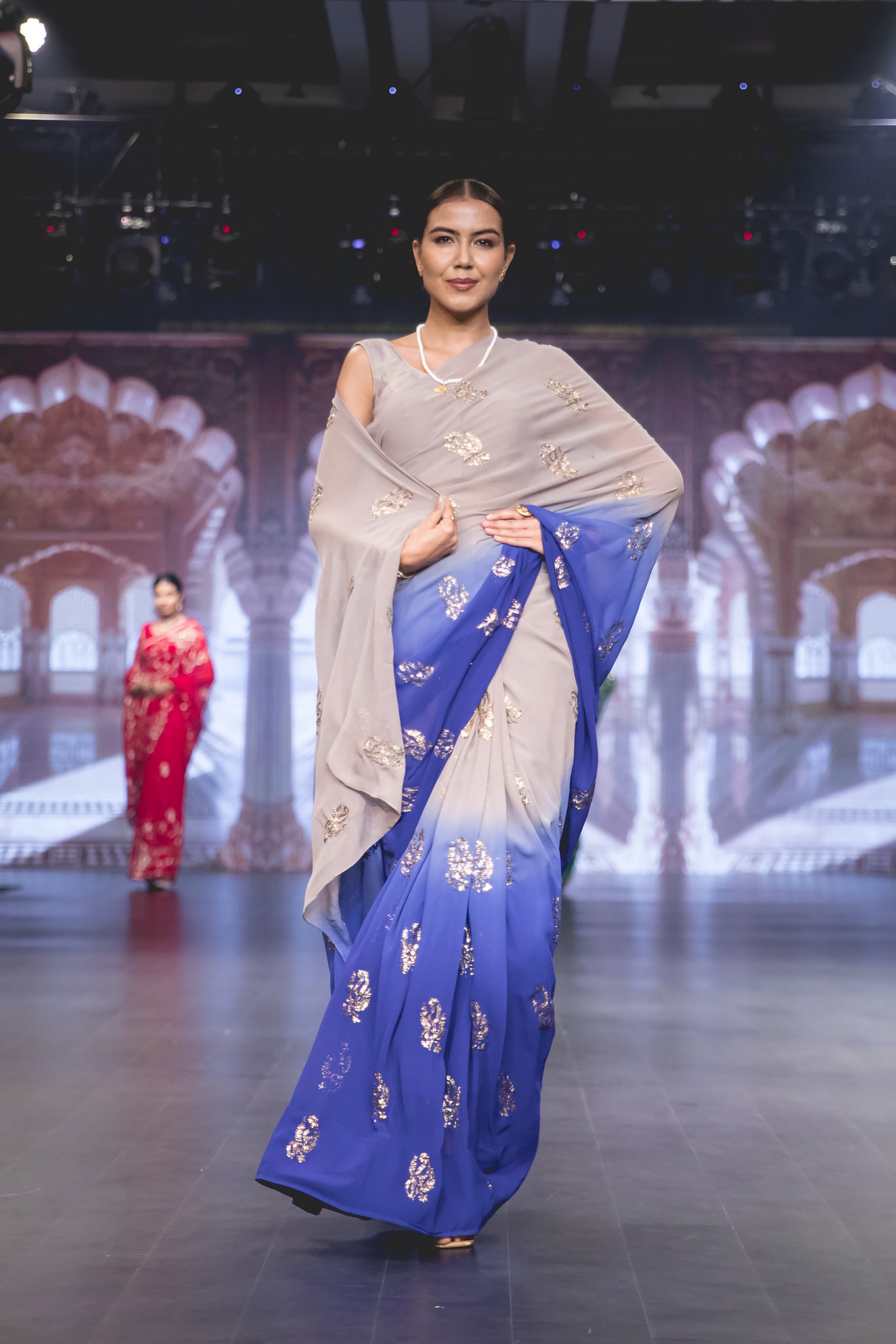 Grey Blue Ombre Pure 60gm Georgette Mukesh Baadla Work Motif (Booty) All Over Handwork Party Wear Saree  with Blouse