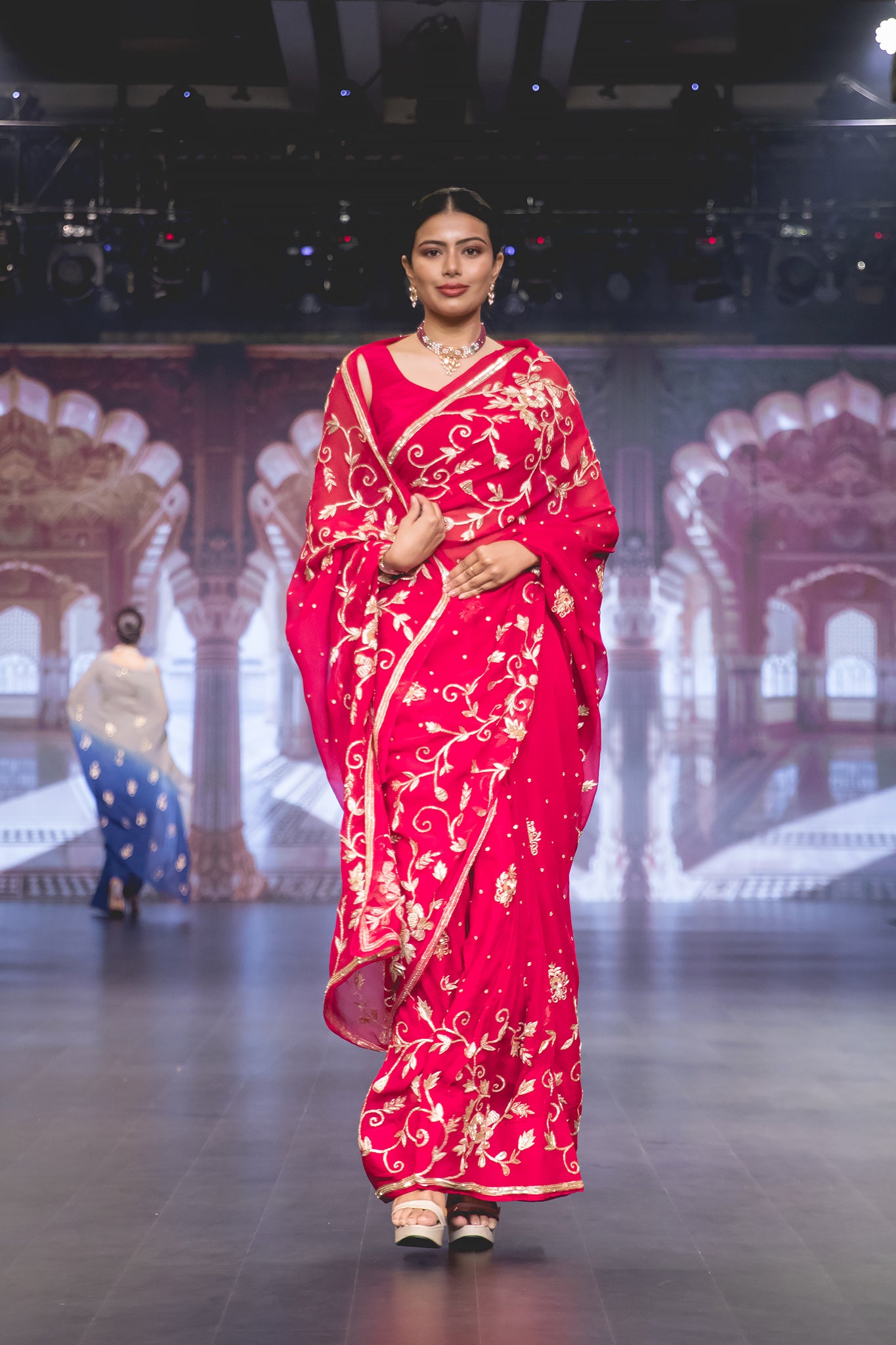 Red Pure Chiffon Aari Sequins Zardozi French Knot Flower Leaf Motif (Booty) all over Jaal Handwork Party Wear Saree  with Blouse