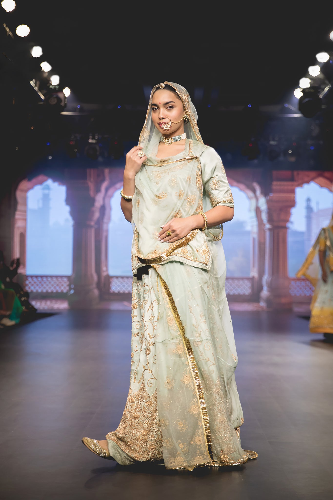 Light Olive Pure Satin Dabka Tari work Handwork  Poshak with pure odhna (unstitched)