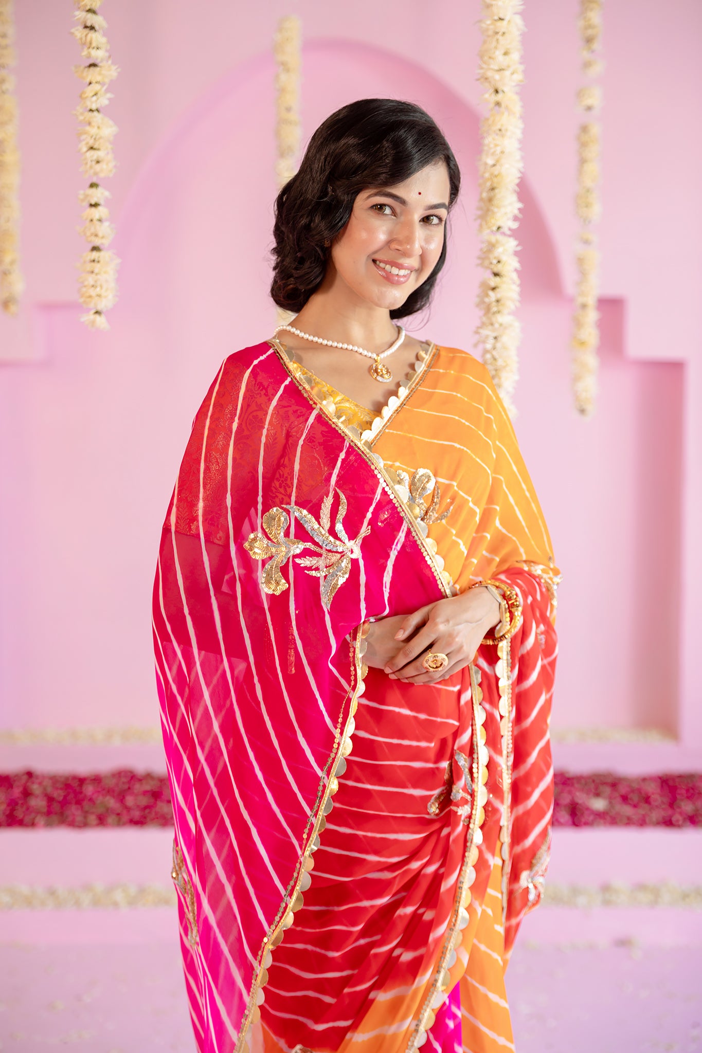 Pure Georgette 40 Gsm Multi colour Leheriya Aari Sequins Motifs Work Saree